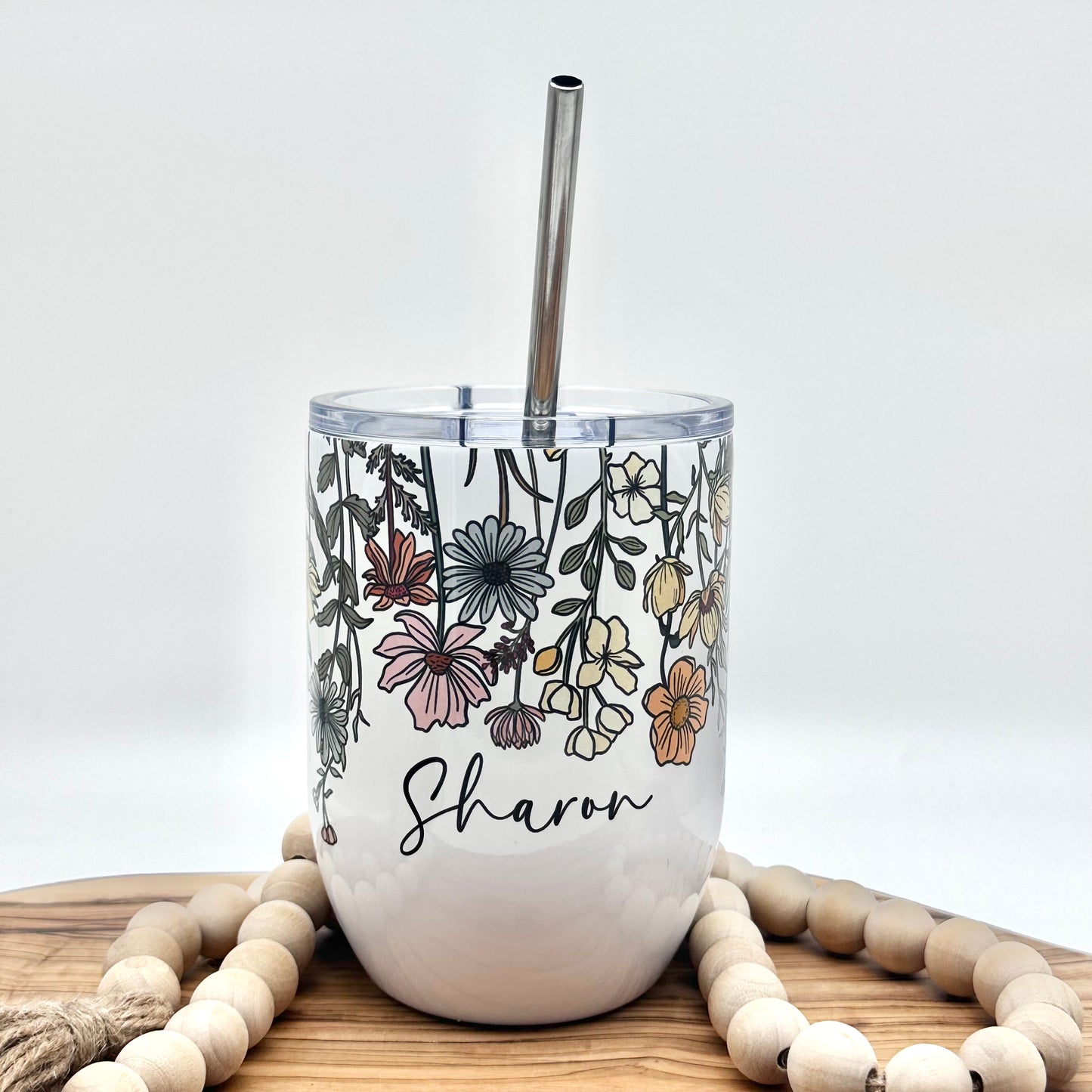 Personalized Vintage Wildflower Wine Glass