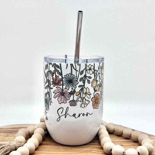 Personalized Vintage Wildflower Wine Glass