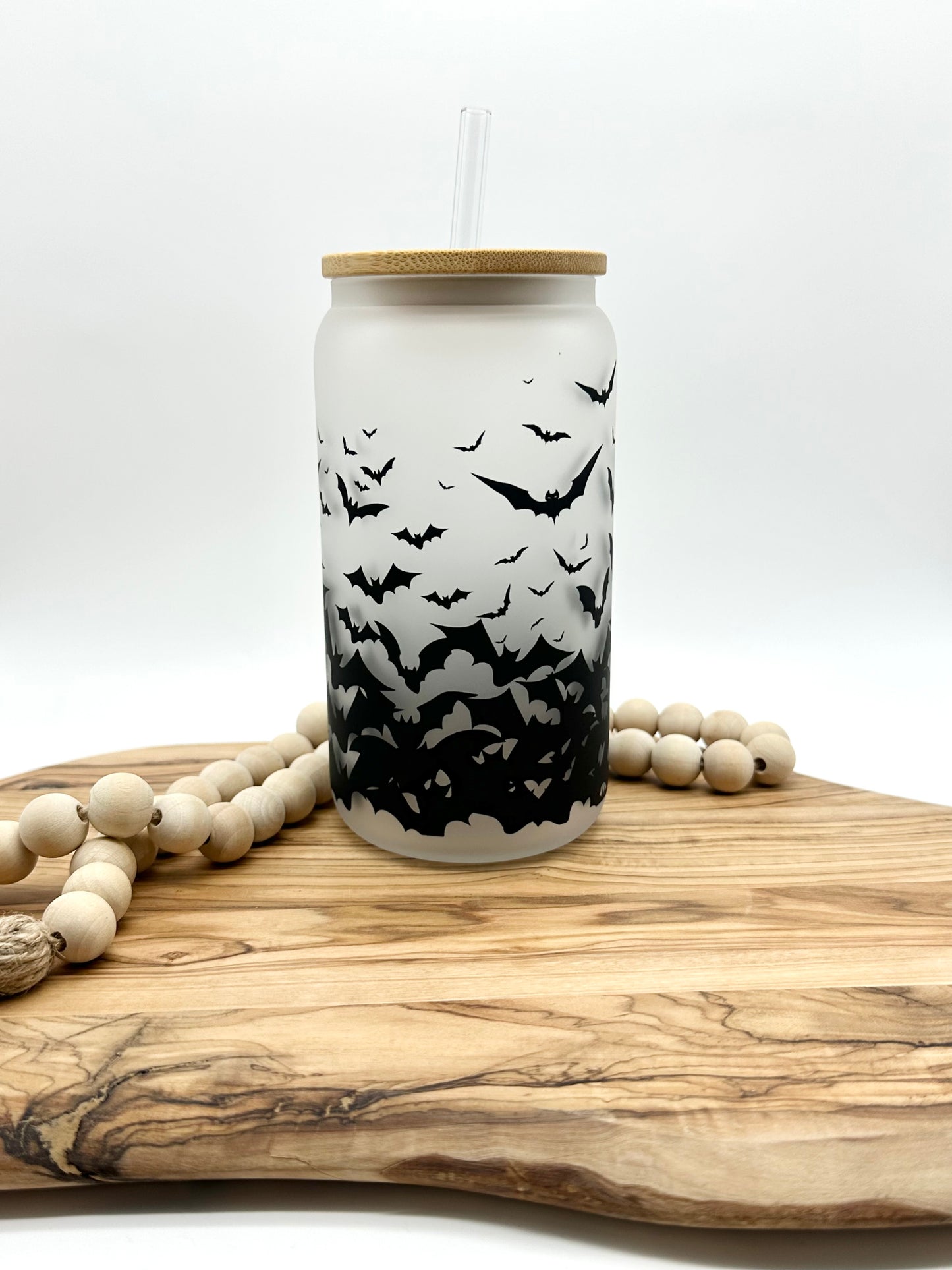 Bats Glass Cup with Bamboo Lid and Glass Straw