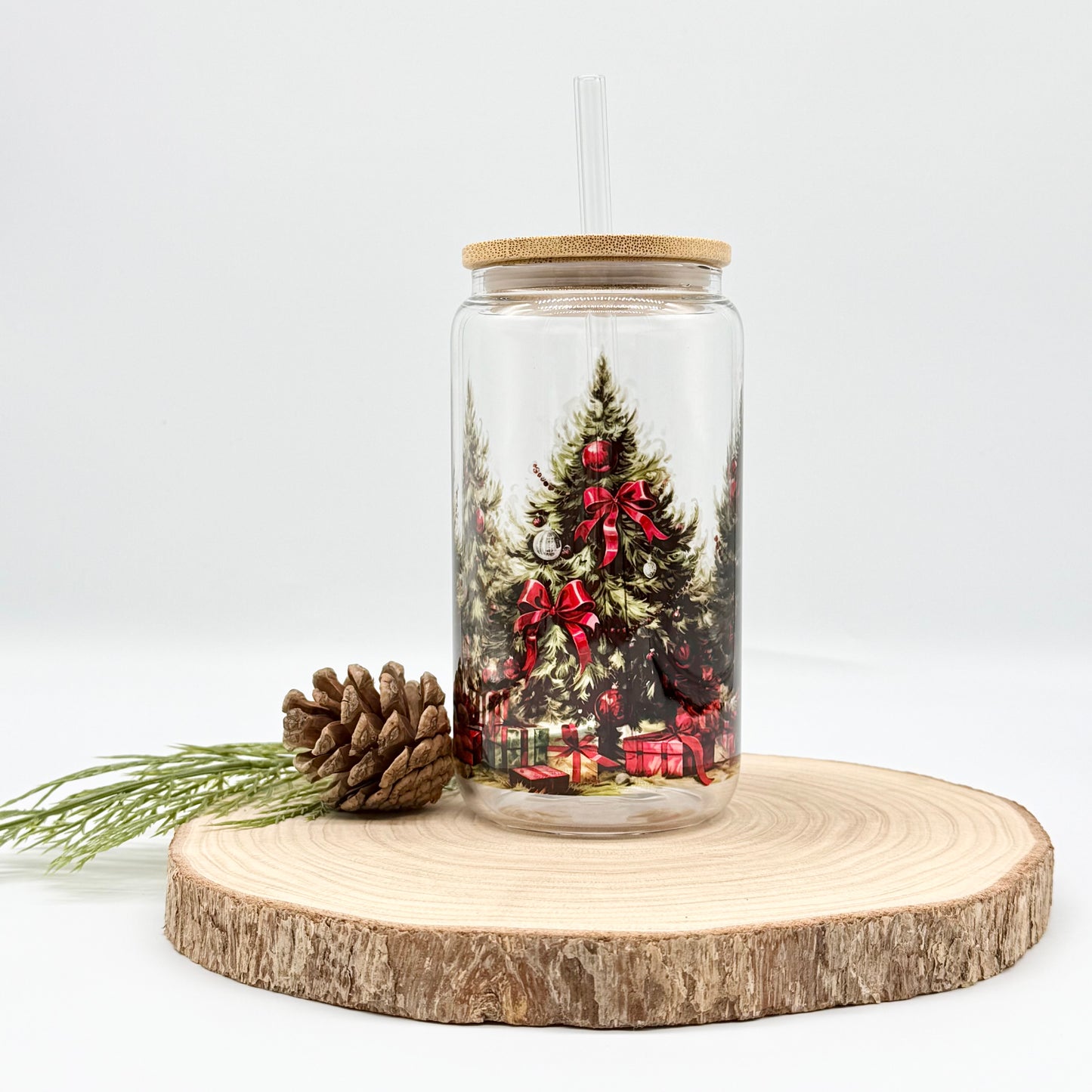 Christmas Tree Glass Tumbler - 16oz Iced Coffee Cup