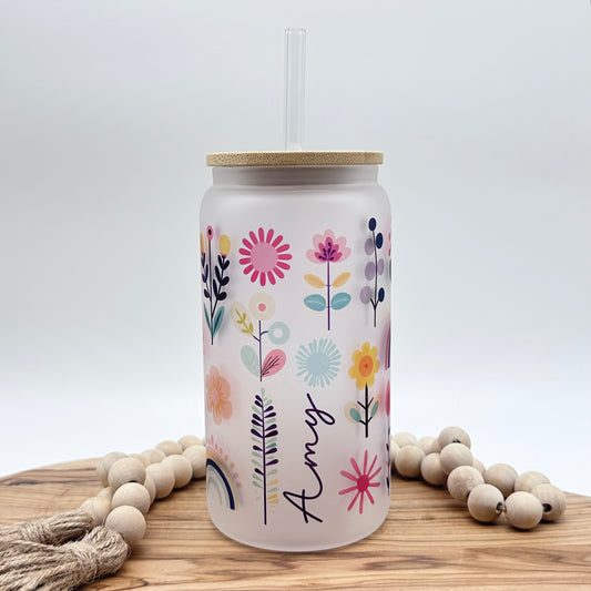 16oz Personalized Boho Floral Glass Tumbler