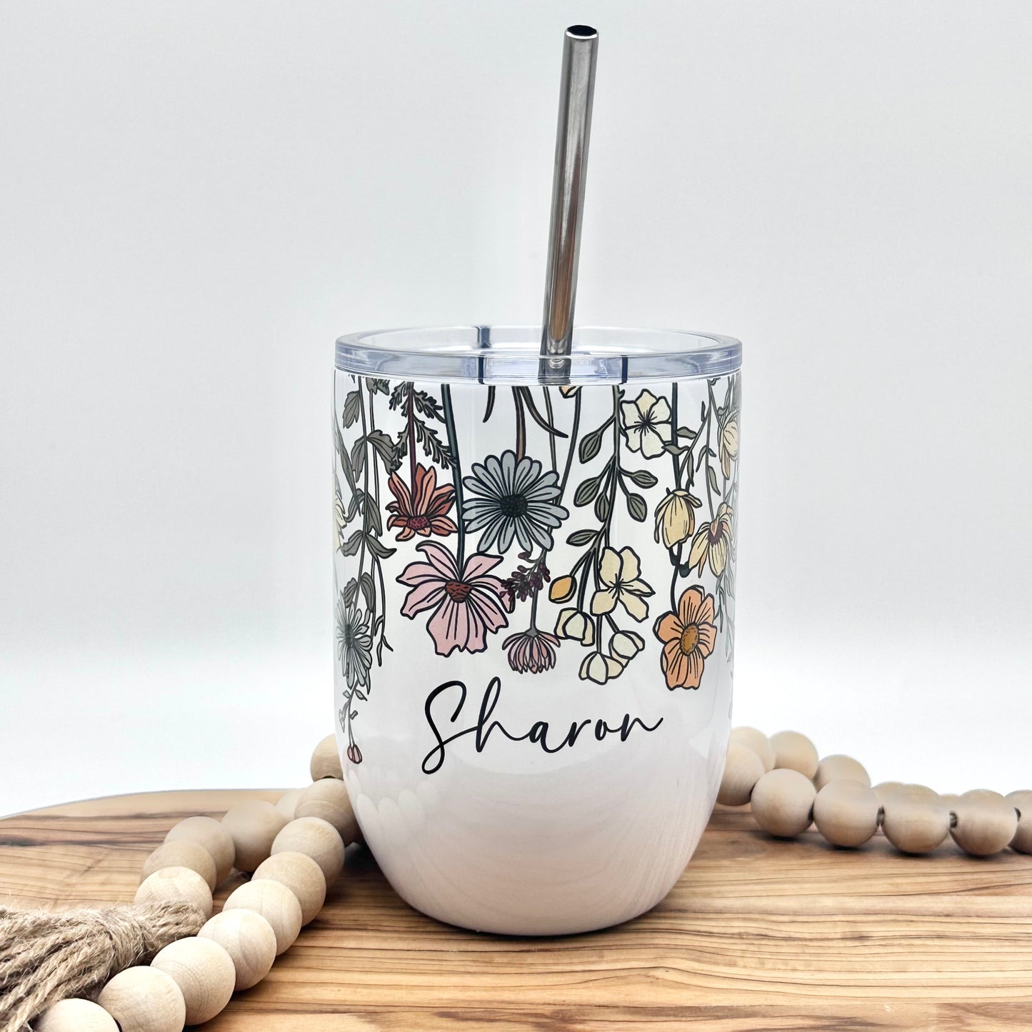 Personalized Vintage Wildflower Wine Glass