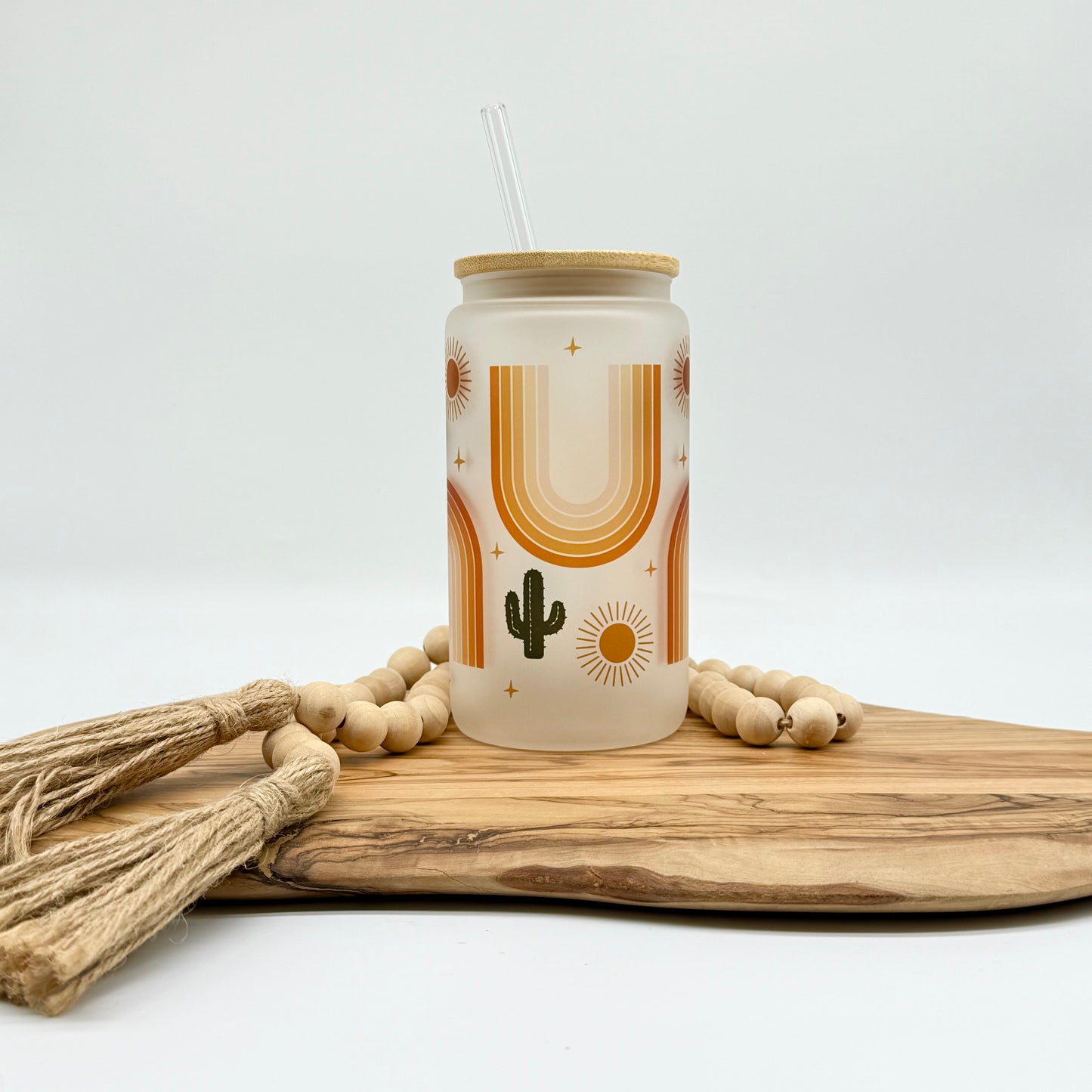 Cactus Rainbow Iced Coffee Cup- 16oz Boho Frosted Glass Tumbler with Lid and Straw