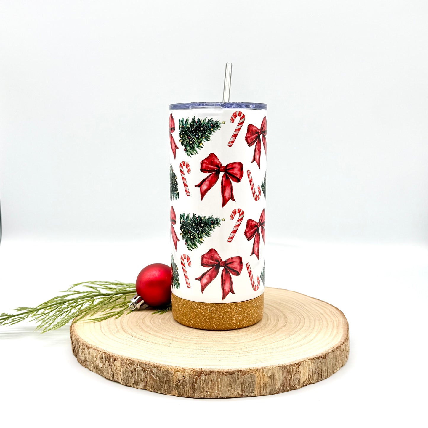 Christmas Trees and Bows Tumbler - 17oz Insulated Tumbler with Cork Bottom