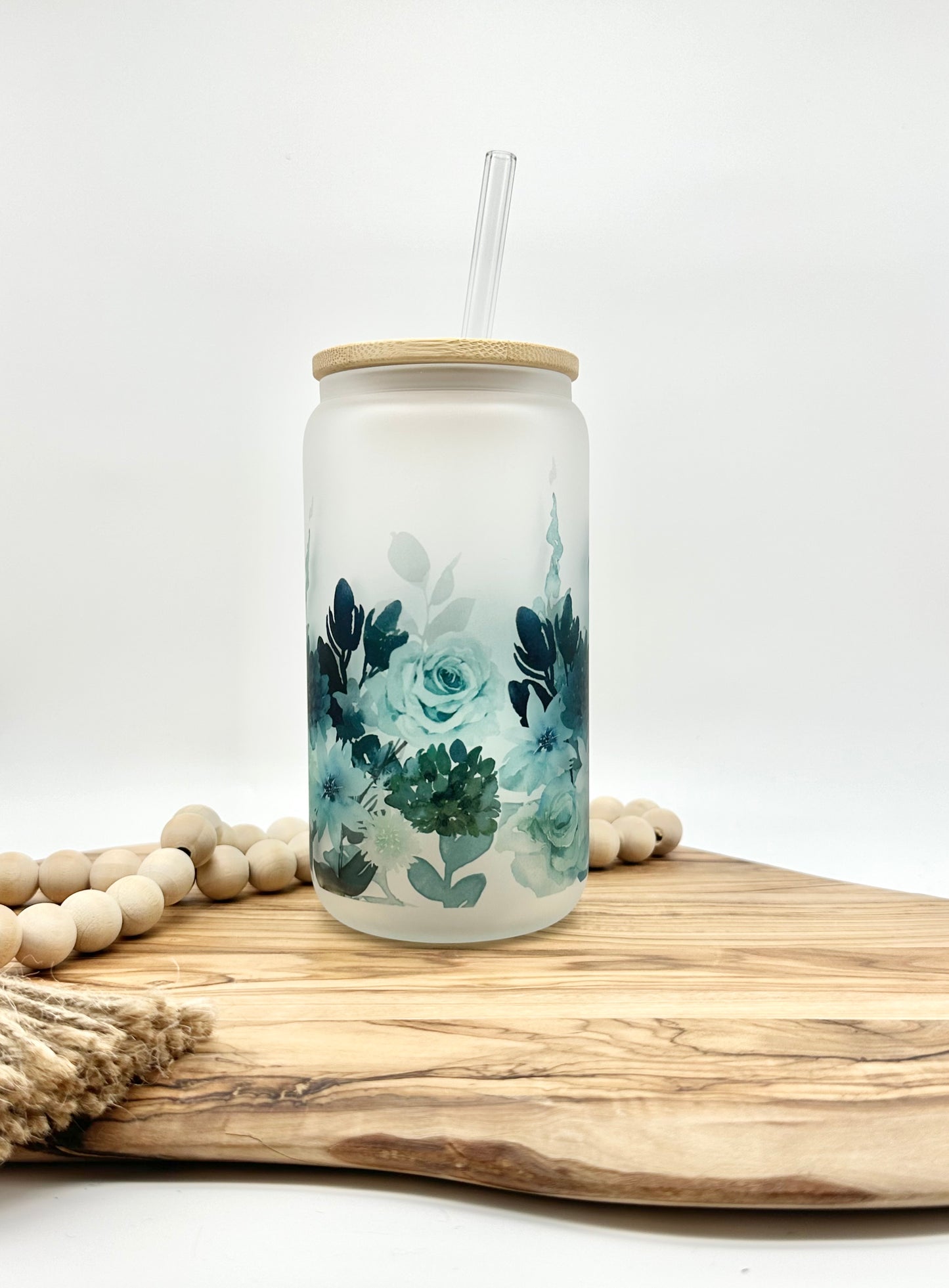 Teal Floral Glass Cup