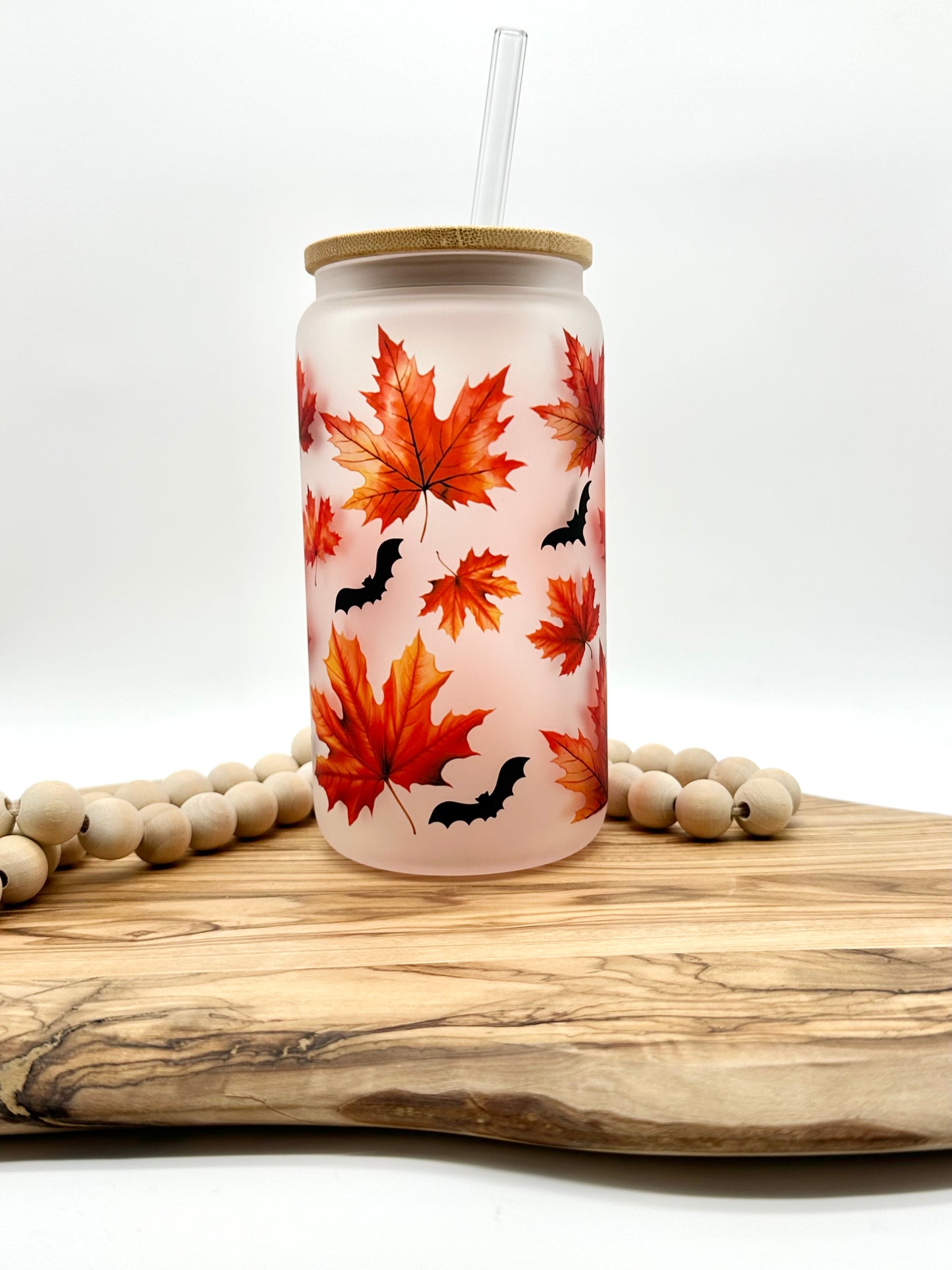 Autumn Leaves Frosted Glass Can with Bamboo Lid and Glass Straw