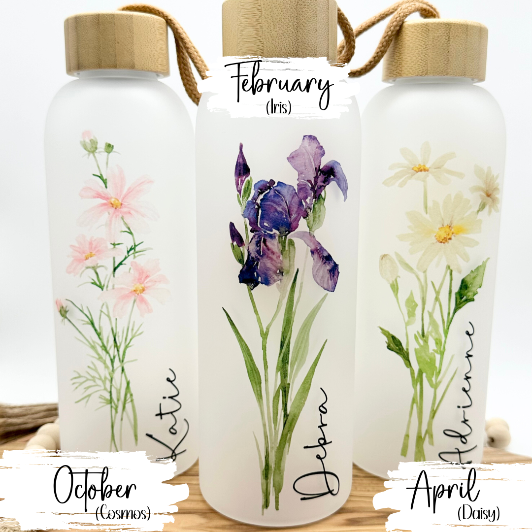 Birth Flower Personalized Glass Water Bottle
