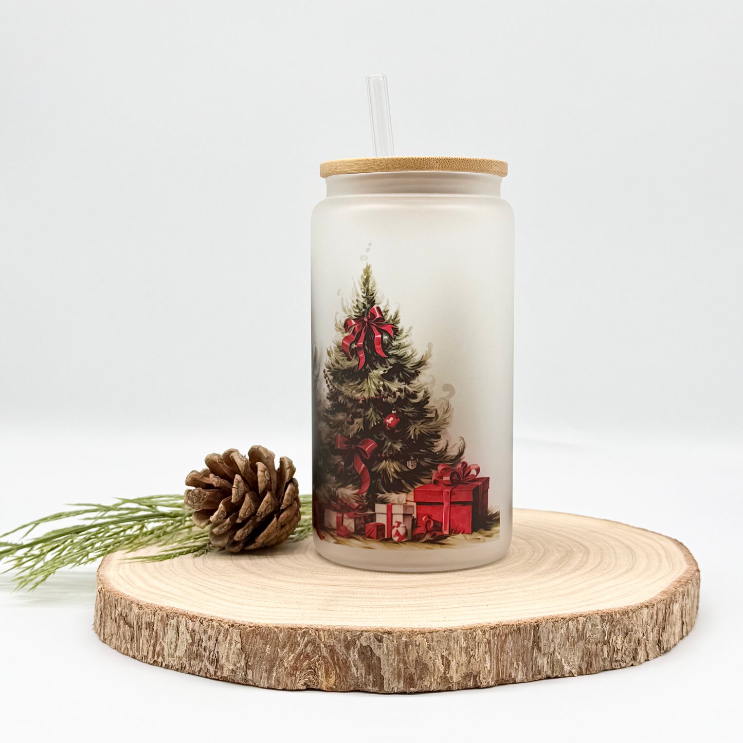 Christmas Tree Glass Tumbler - 16oz Iced Coffee Cup