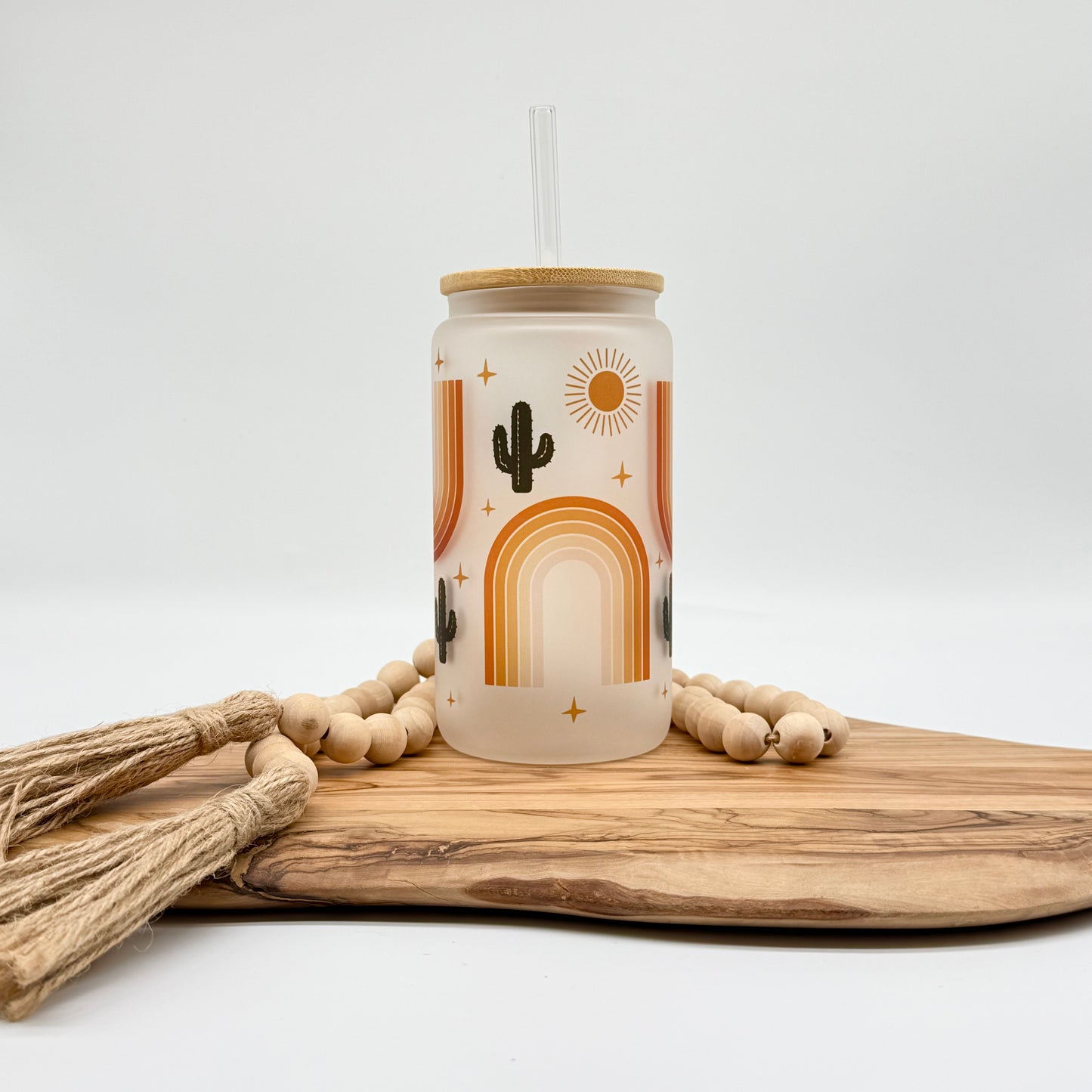 Cactus Rainbow Iced Coffee Cup- 16oz Boho Frosted Glass Tumbler with Lid and Straw