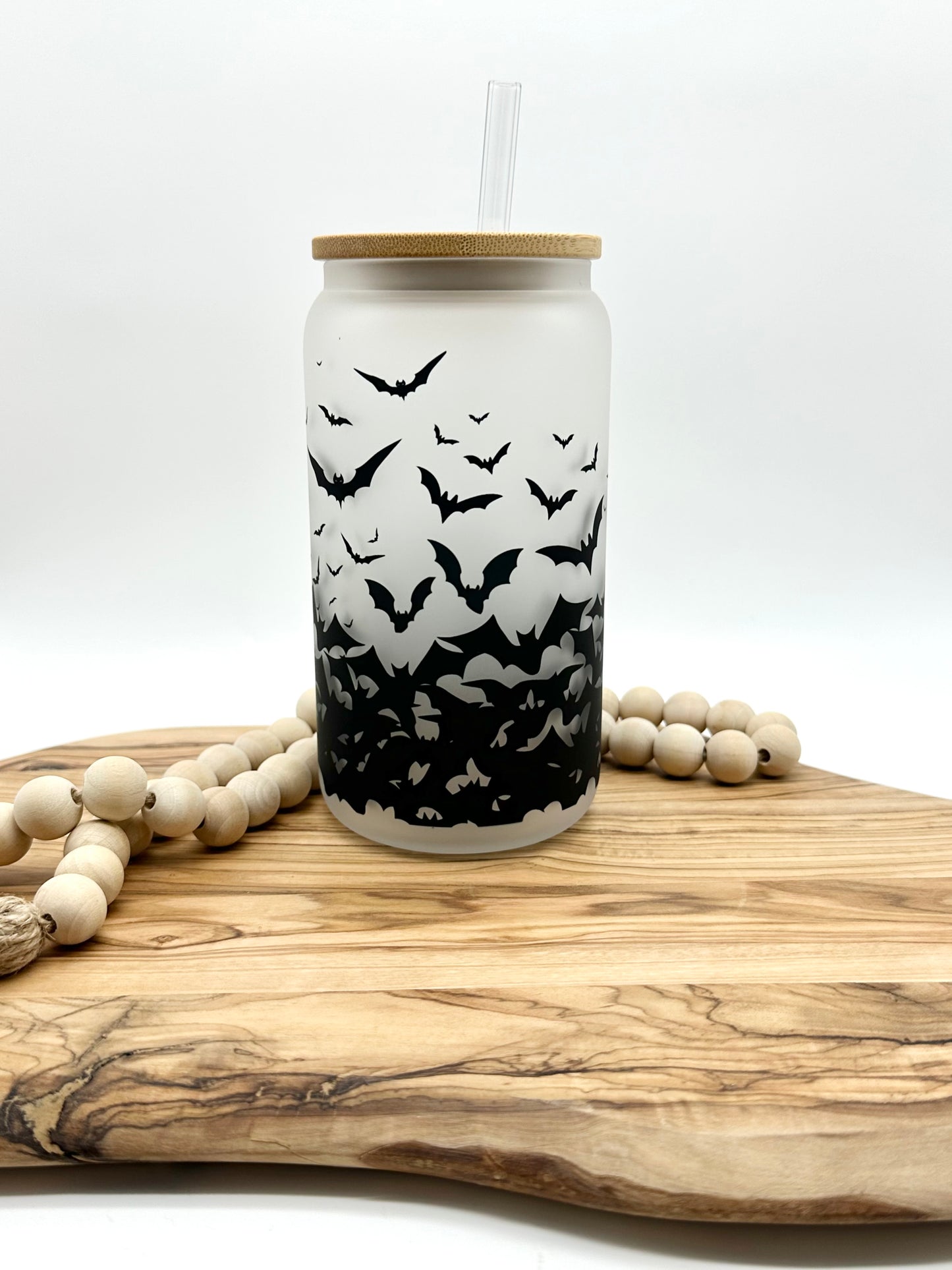Bats Glass Cup with Bamboo Lid and Glass Straw