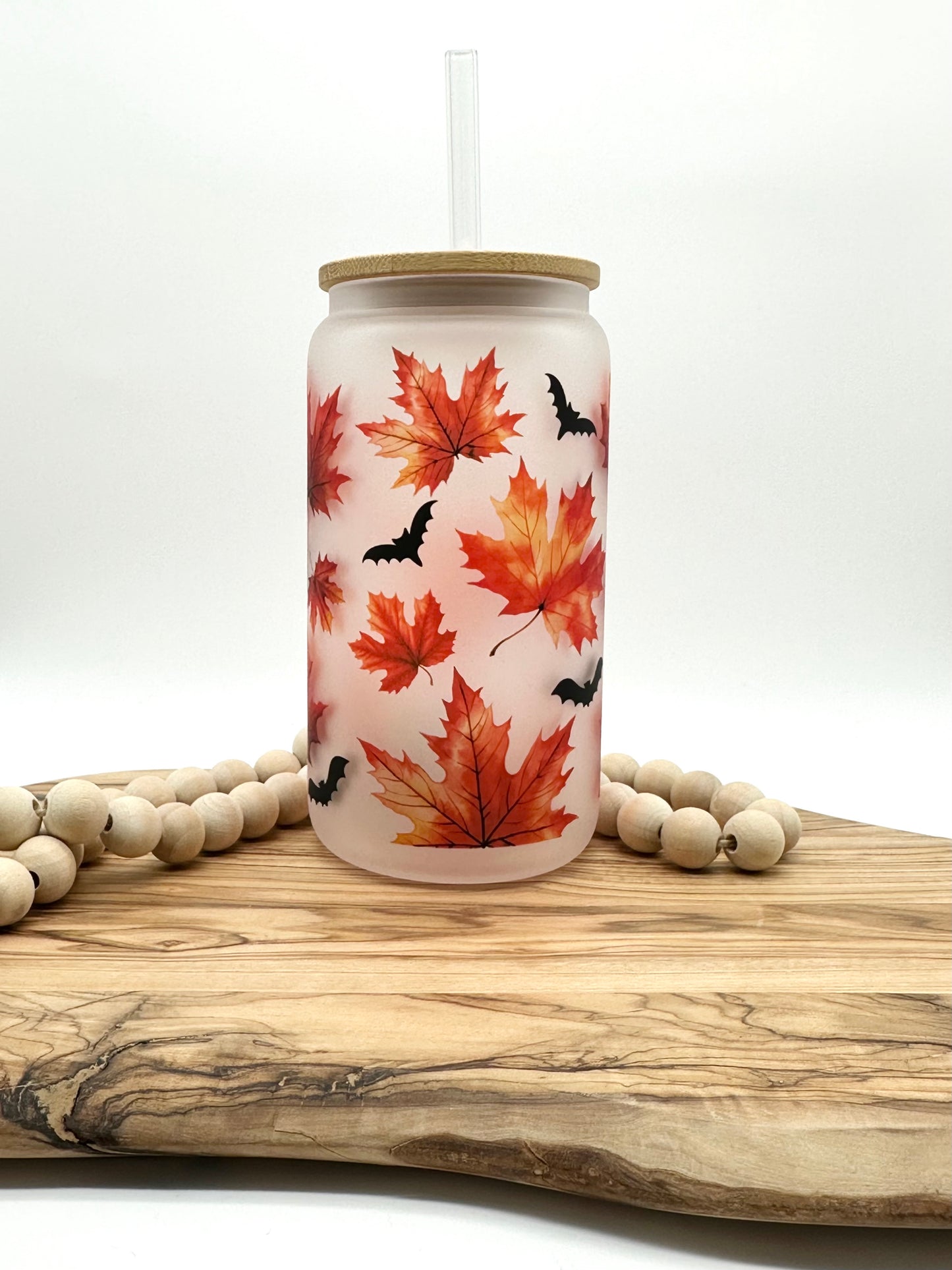 Autumn Leaves Frosted Glass Can with Bamboo Lid and Glass Straw