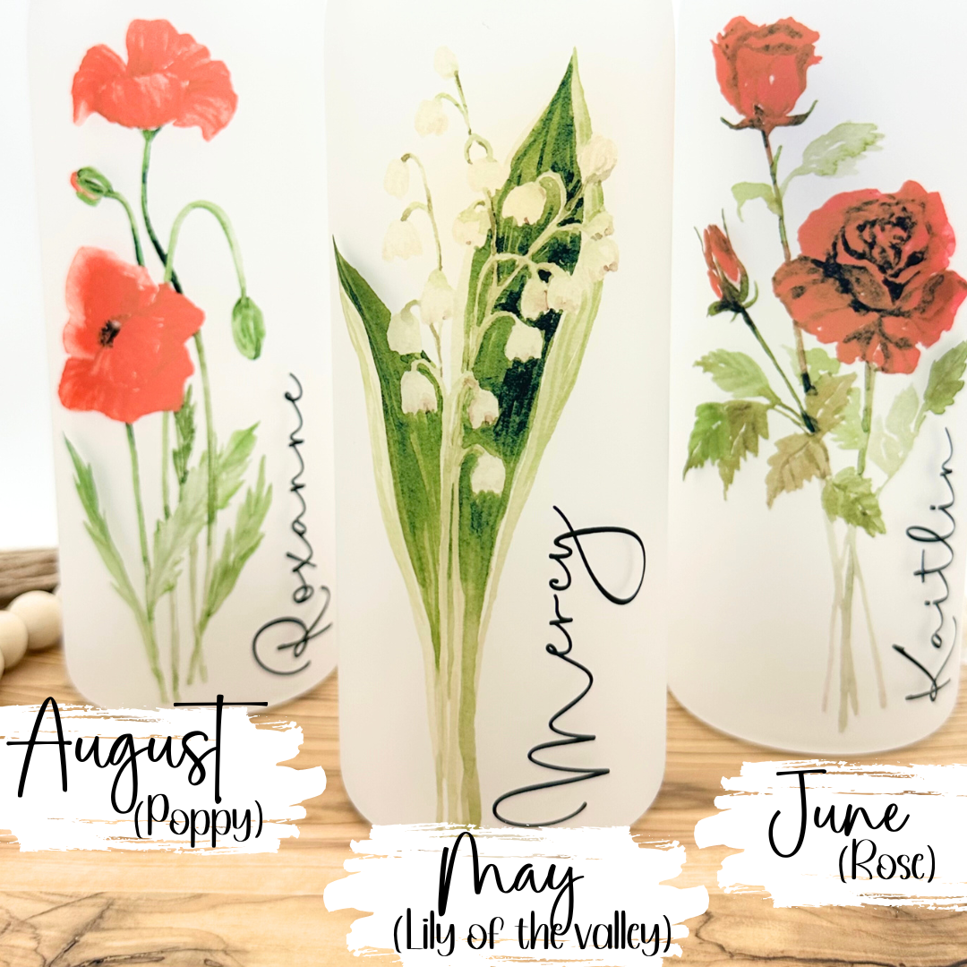 Birth Flower Personalized Glass Water Bottle