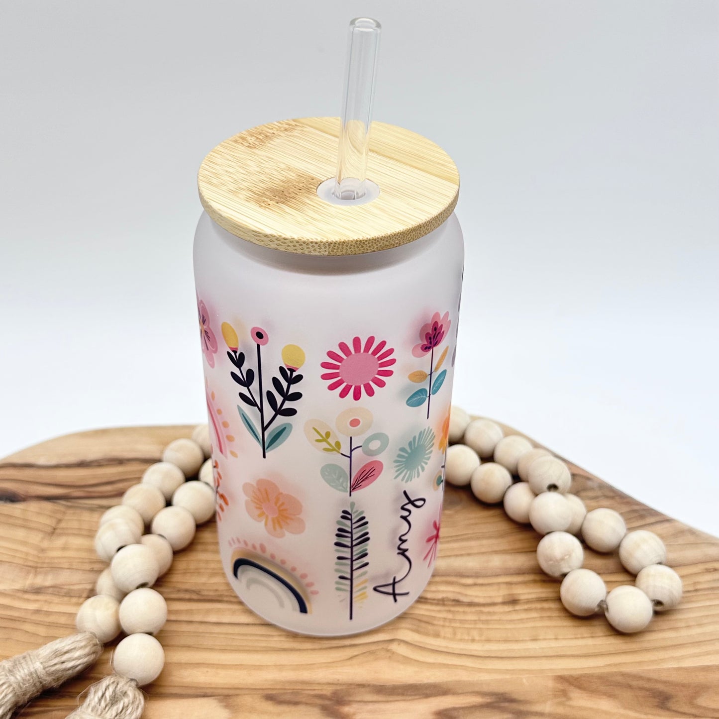 16oz Personalized Boho Floral Glass Tumbler