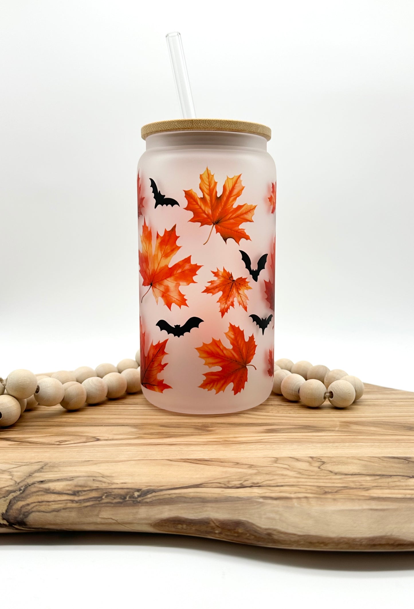 Autumn Leaves Frosted Glass Can with Bamboo Lid and Glass Straw