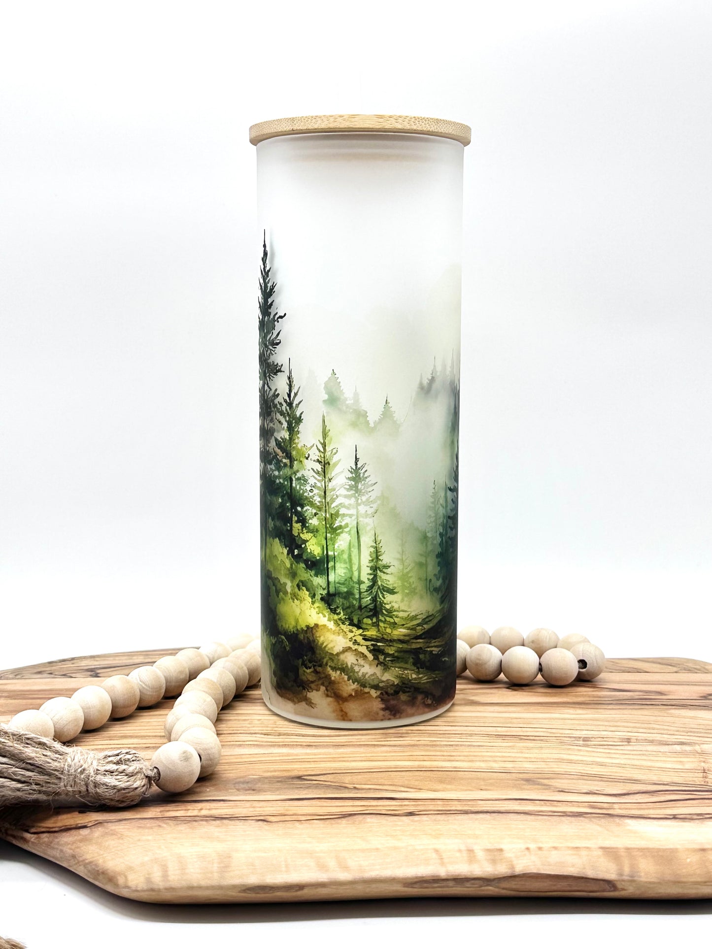 20oz Glass Tumbler with Watercolor Forest Print
