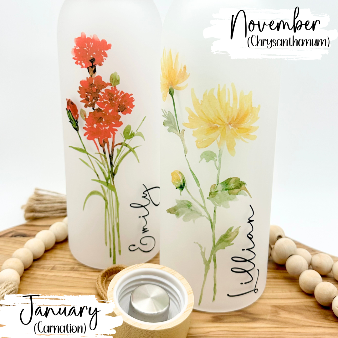 Birth Flower Personalized Glass Water Bottle