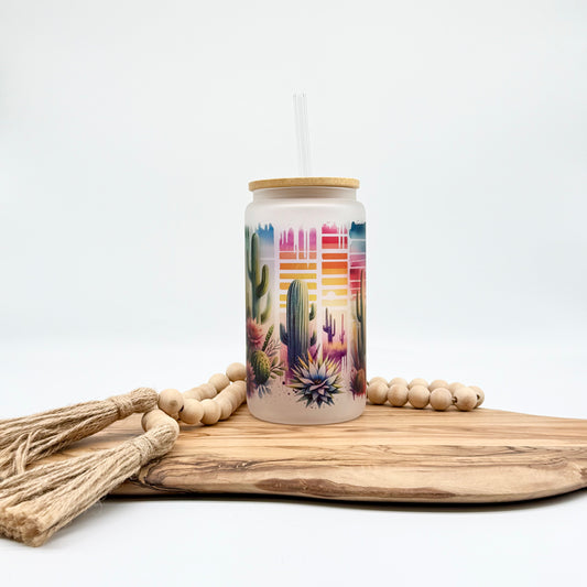 Cactus Iced Coffee Cup- 16oz Frosted Glass Tumbler with Lid and Straw