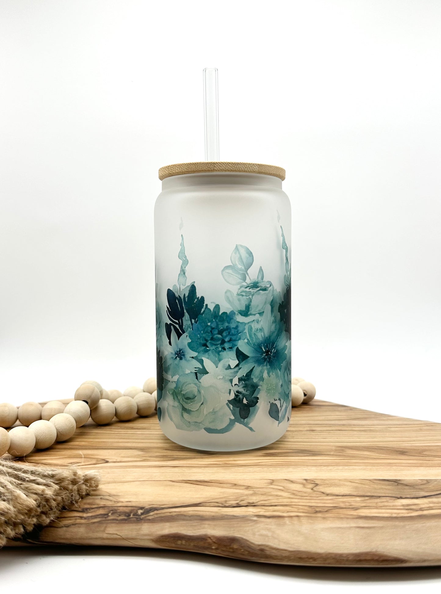 Teal Floral Glass Cup