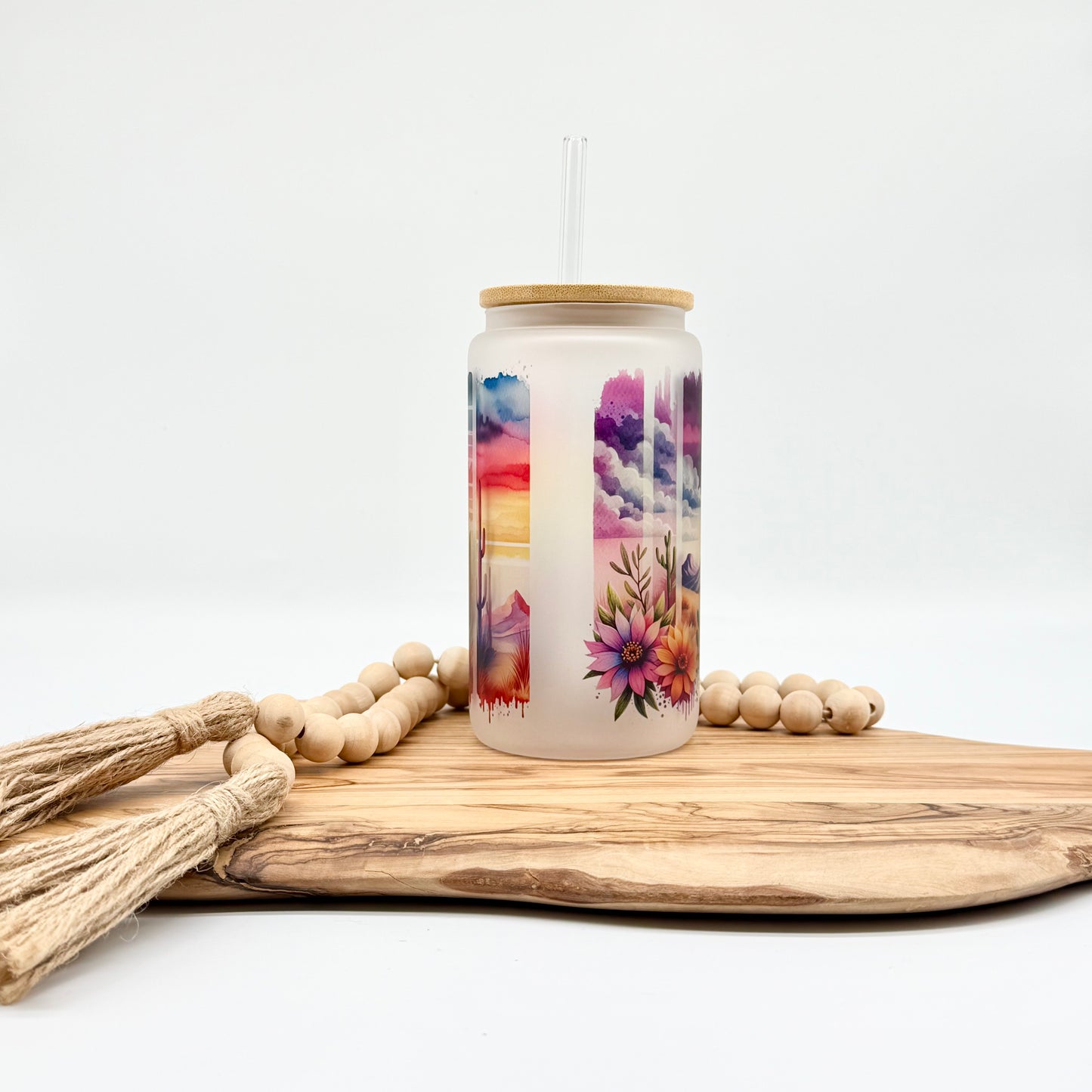 Cactus Iced Coffee Cup- 16oz Frosted Glass Tumbler with Lid and Straw