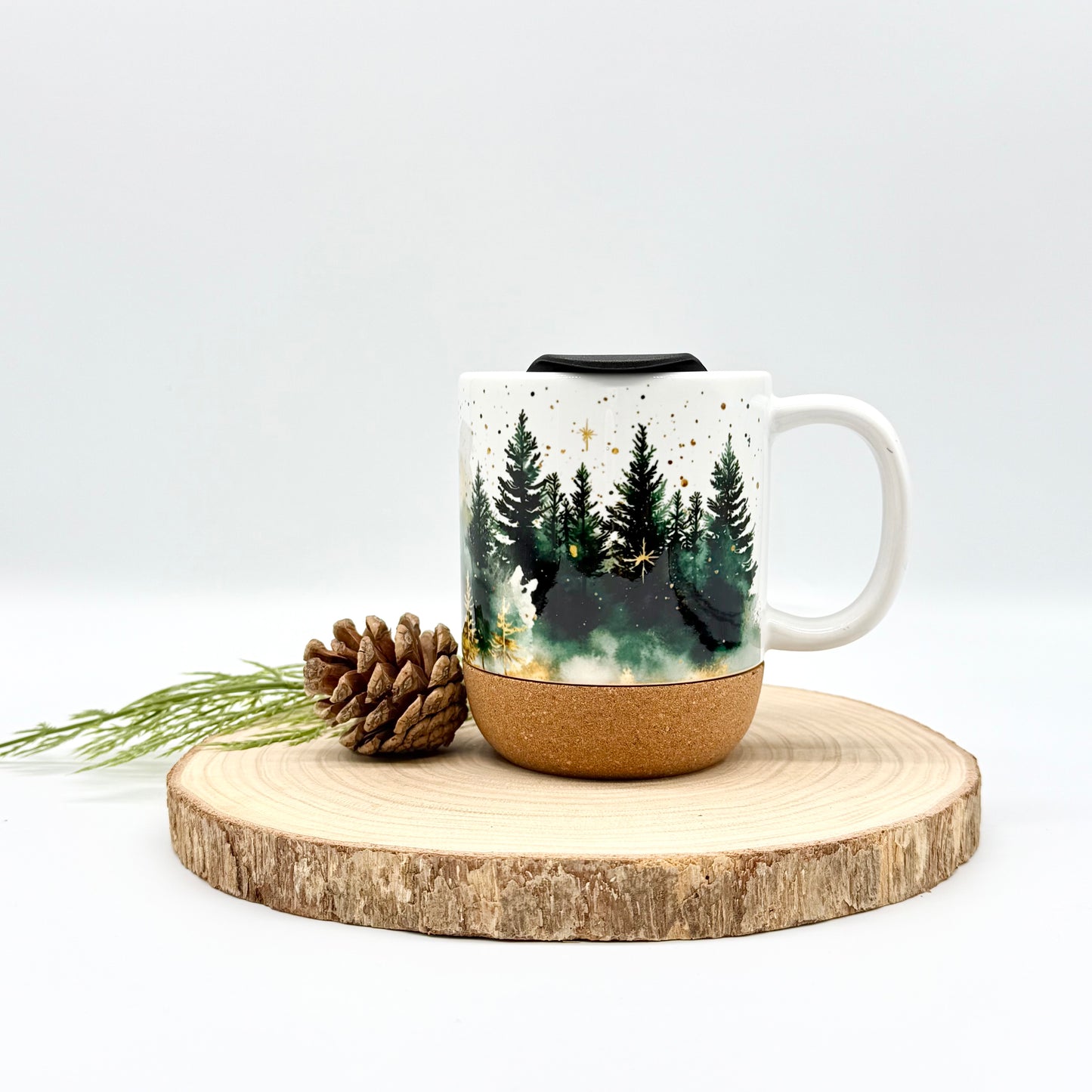 12oz Christmas Forest Coffee Mug with Cork Base and Plastic Lid