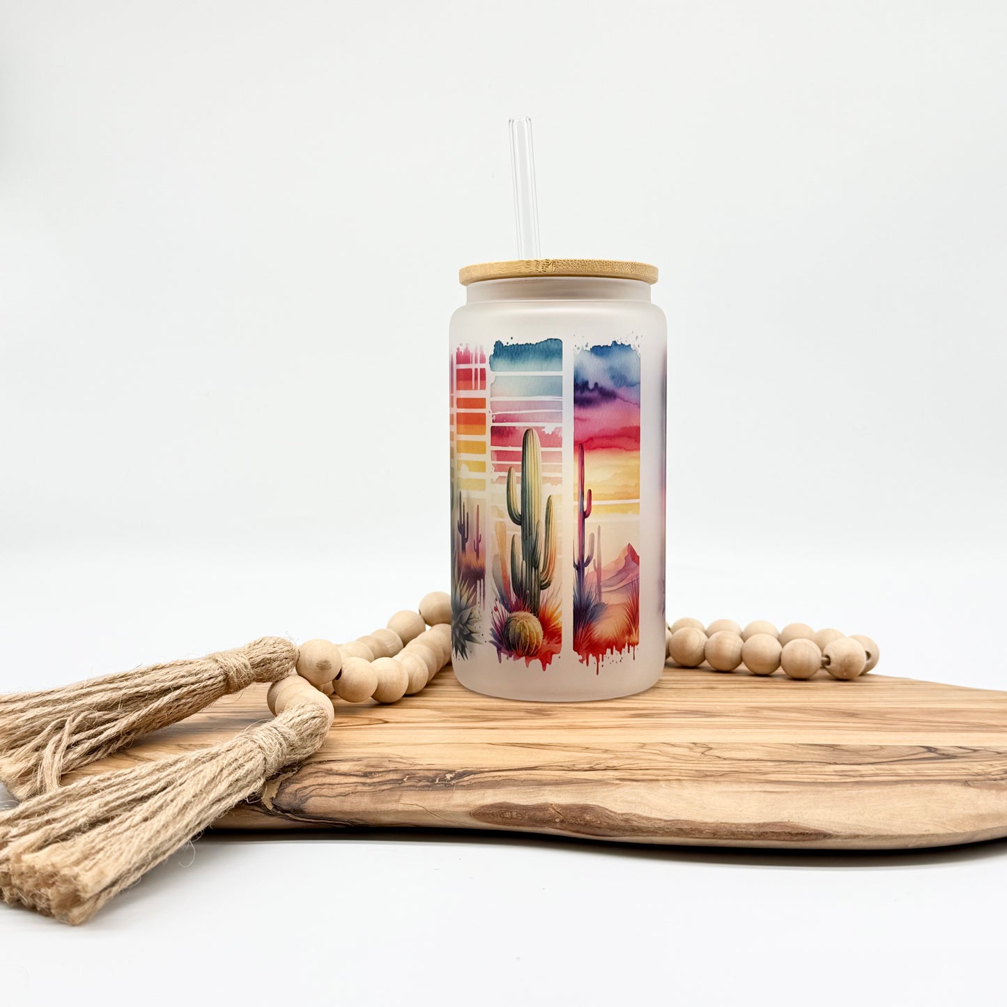Cactus Iced Coffee Cup- 16oz Frosted Glass Tumbler with Lid and Straw