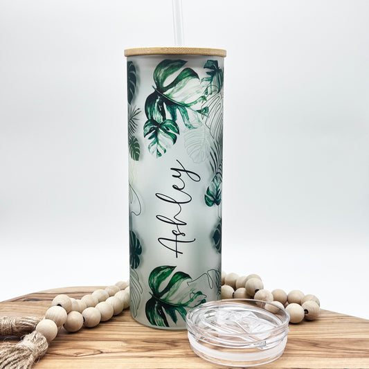 20oz Personalized Monstera Leaf Glass Tumbler