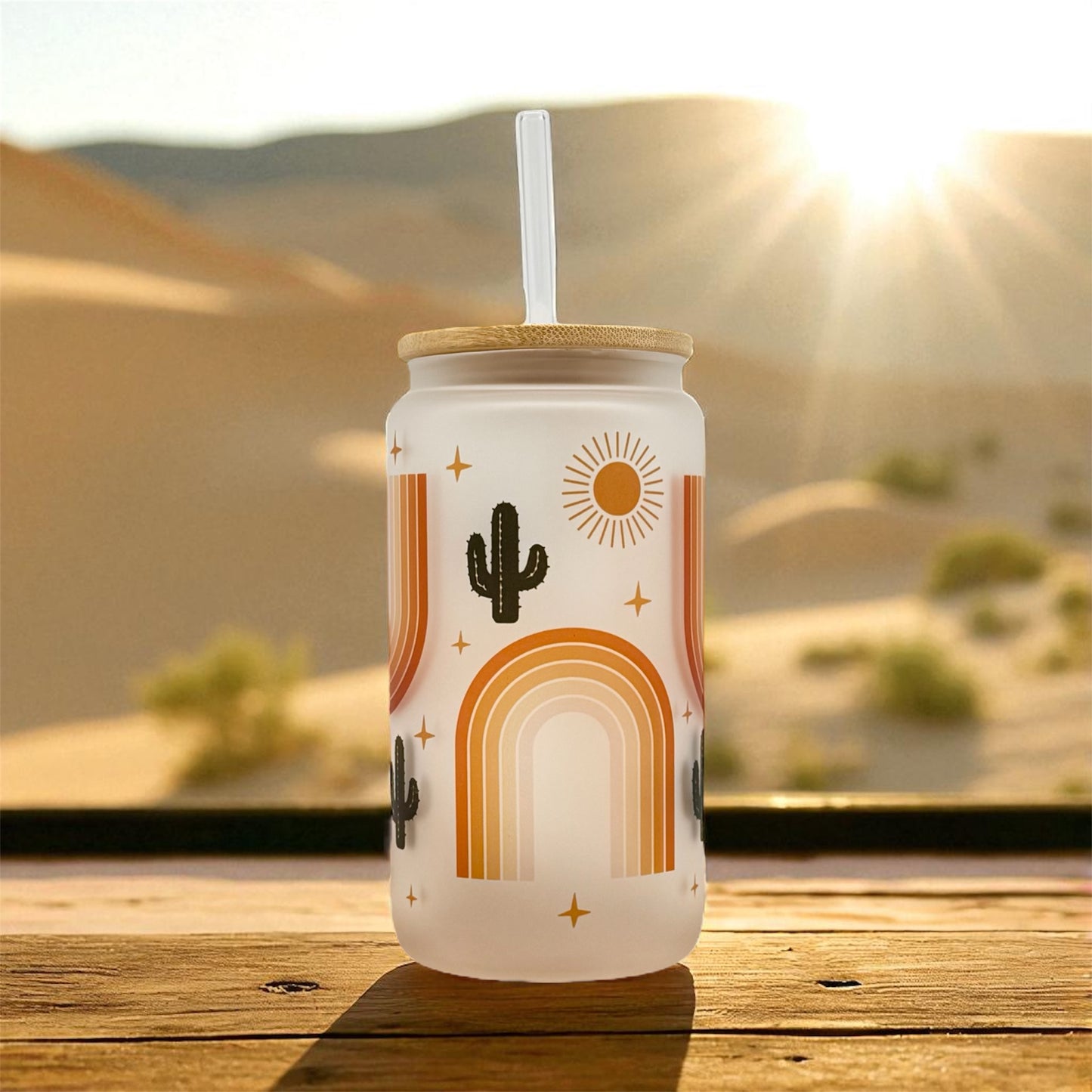 Cactus Rainbow Iced Coffee Cup- 16oz Boho Frosted Glass Tumbler with Lid and Straw