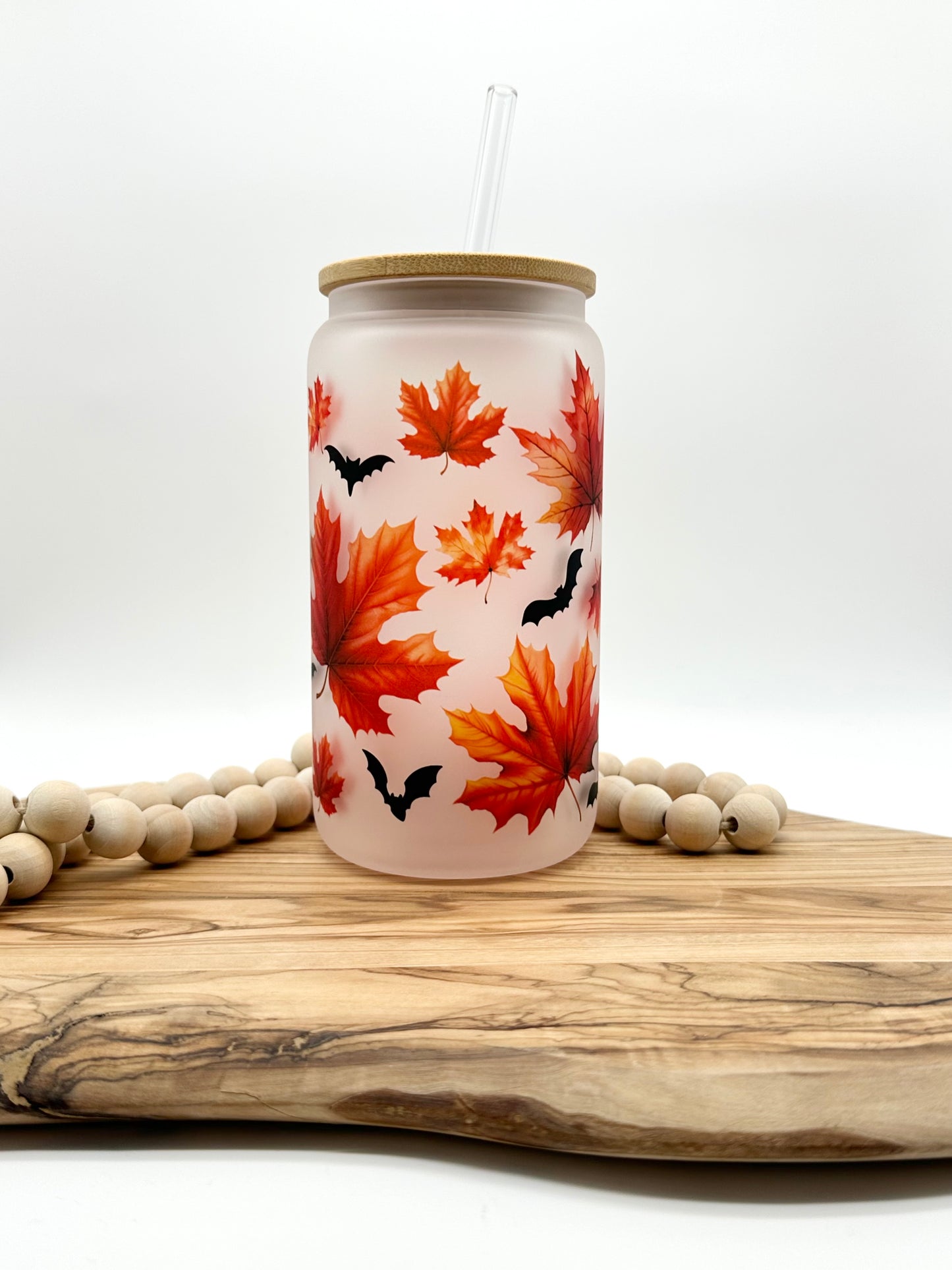Autumn Leaves Frosted Glass Can with Bamboo Lid and Glass Straw