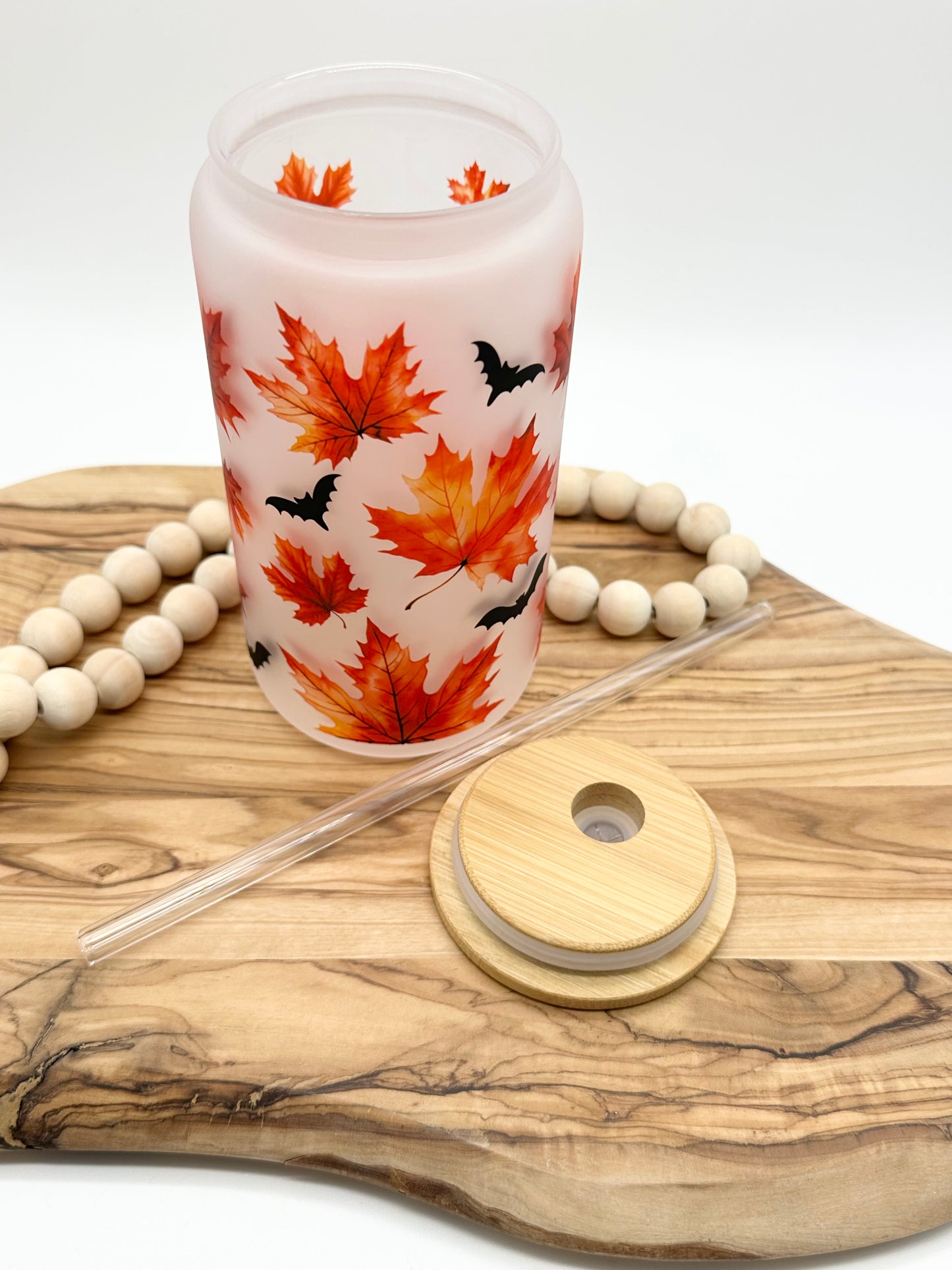 Autumn Leaves Frosted Glass Can with Bamboo Lid and Glass Straw