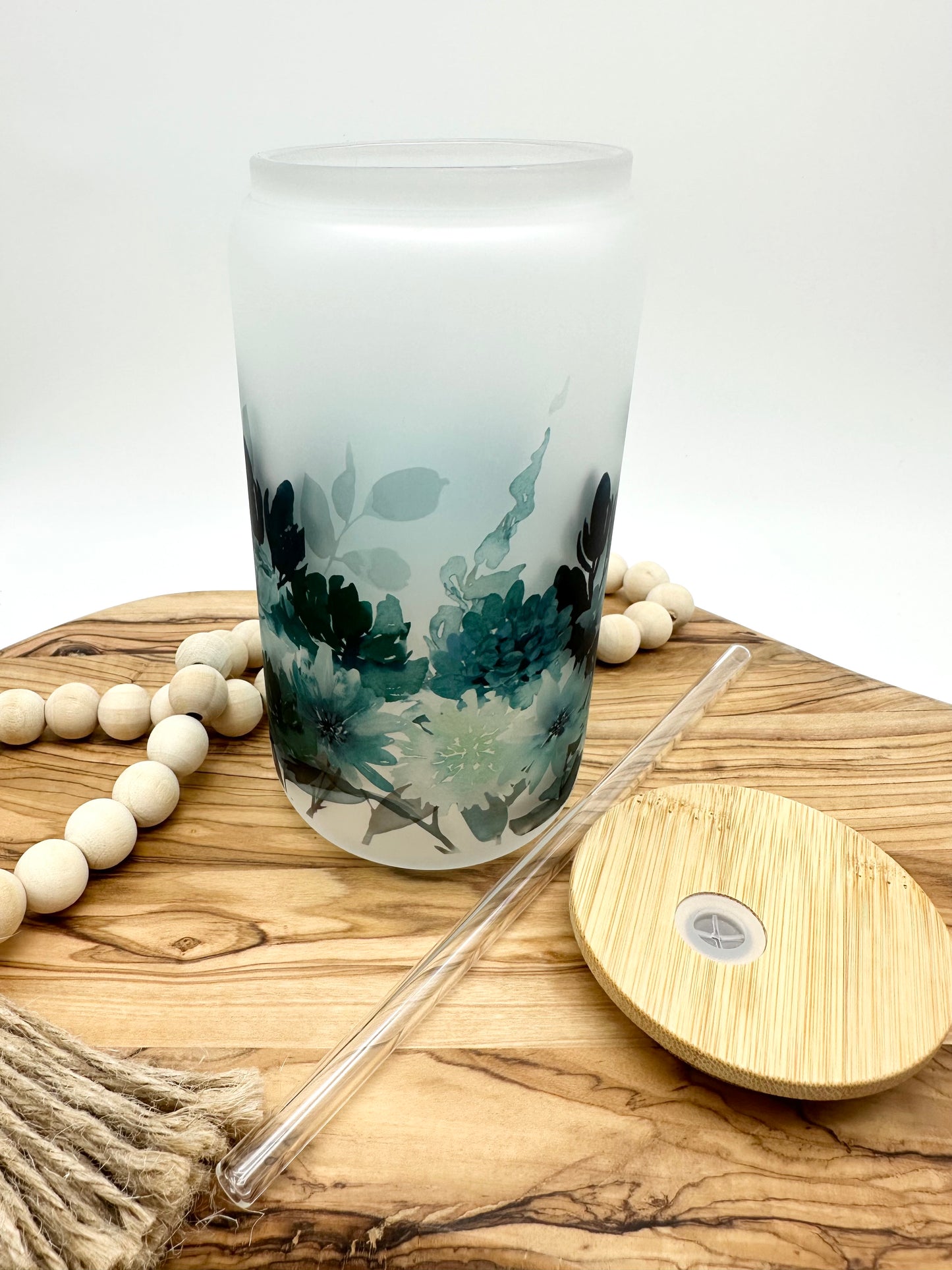 Teal Floral Glass Cup
