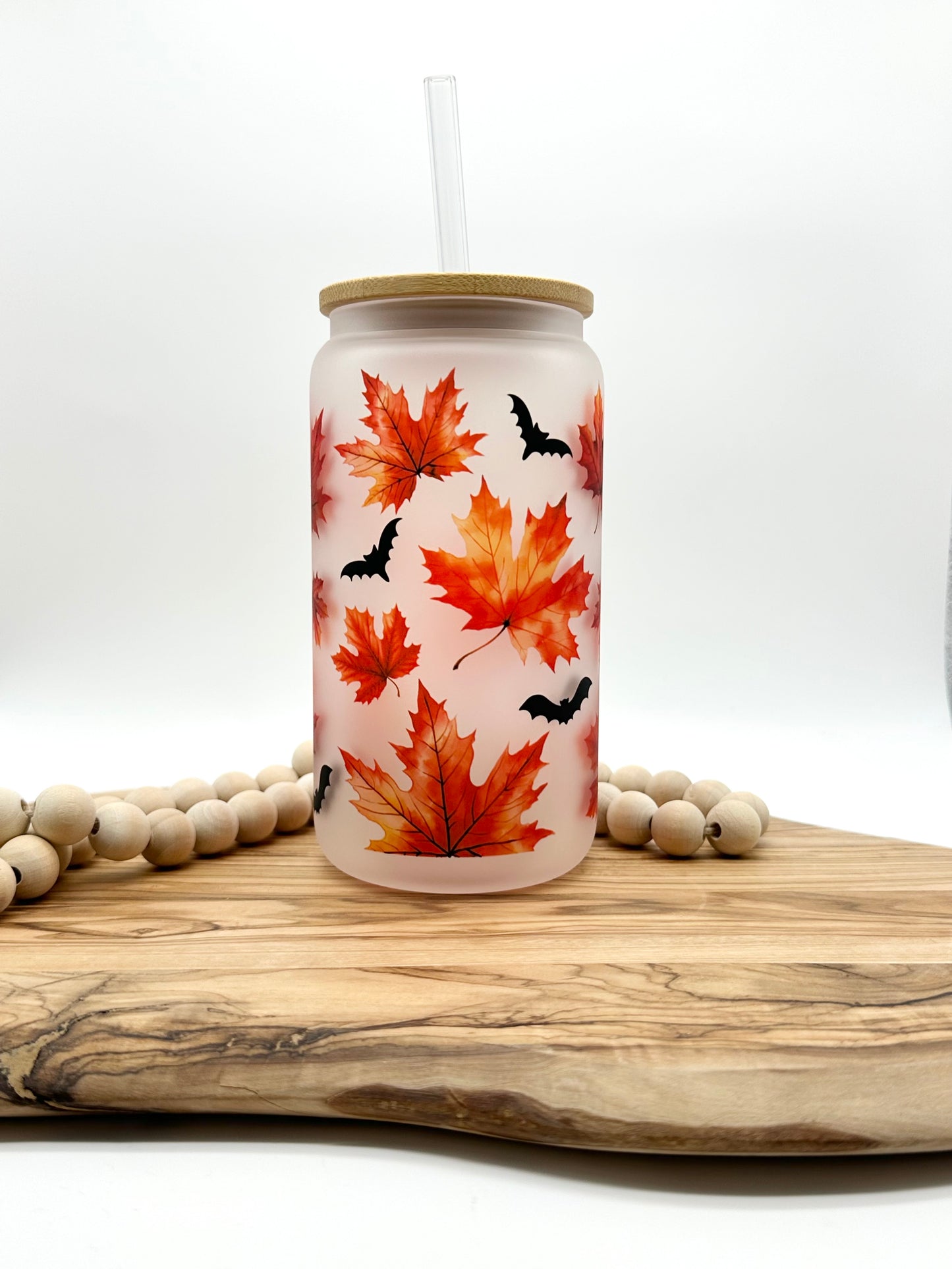 Autumn Leaves Frosted Glass Can with Bamboo Lid and Glass Straw