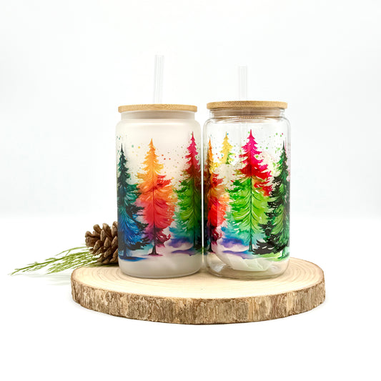 Colorful Christmas Tree Glass Tumbler - 16oz Iced Coffee Cup