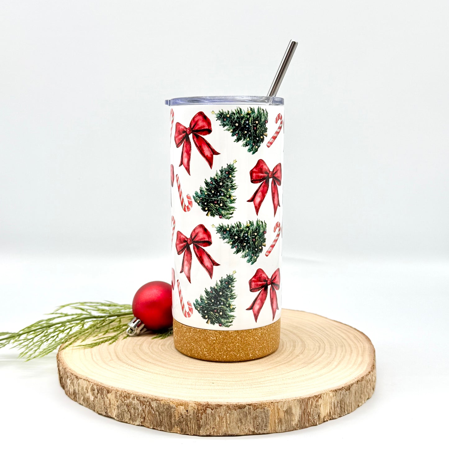 Christmas Trees and Bows Tumbler - 17oz Insulated Tumbler with Cork Bottom