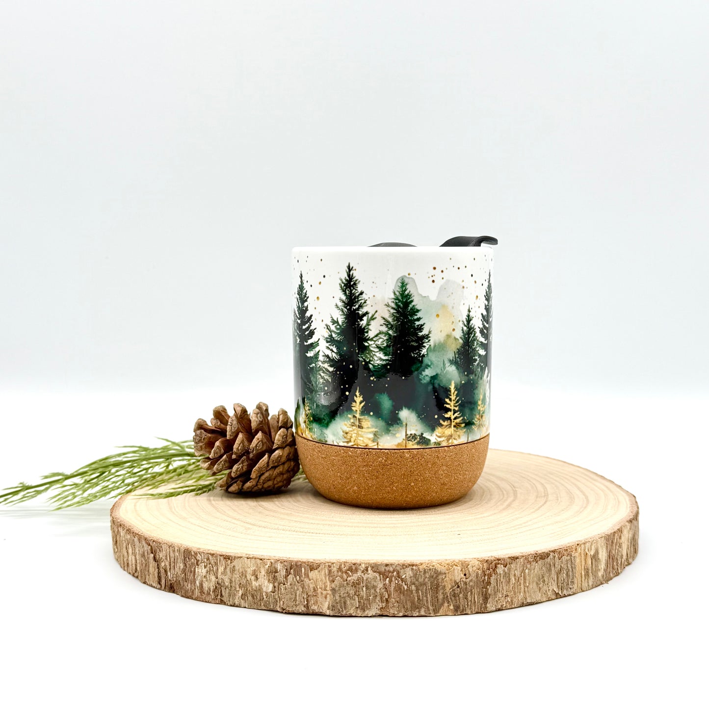 12oz Christmas Forest Coffee Mug with Cork Base and Plastic Lid
