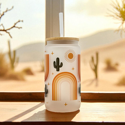 Cactus Rainbow Iced Coffee Cup- 16oz Boho Frosted Glass Tumbler with Lid and Straw