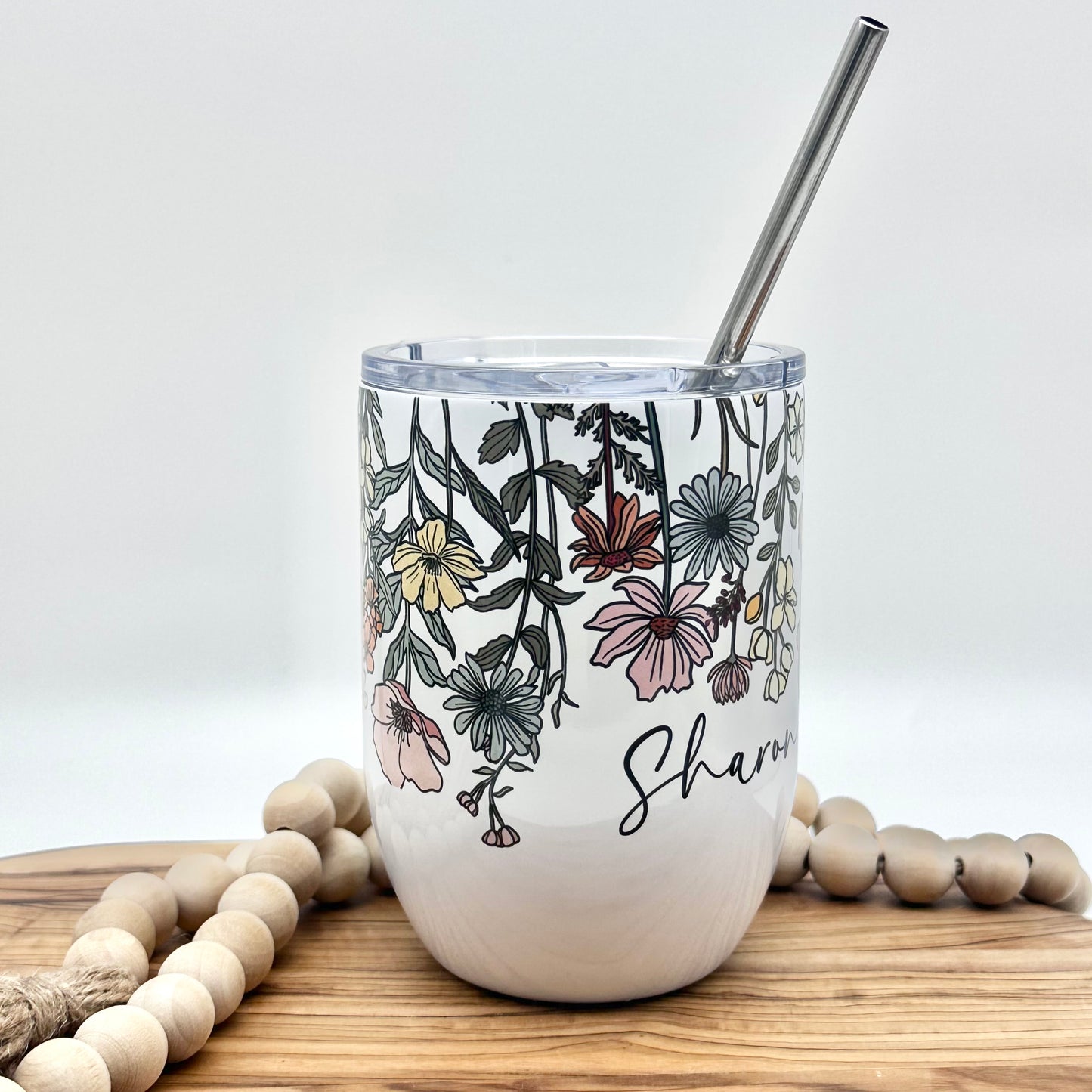 Personalized Vintage Wildflower Wine Glass