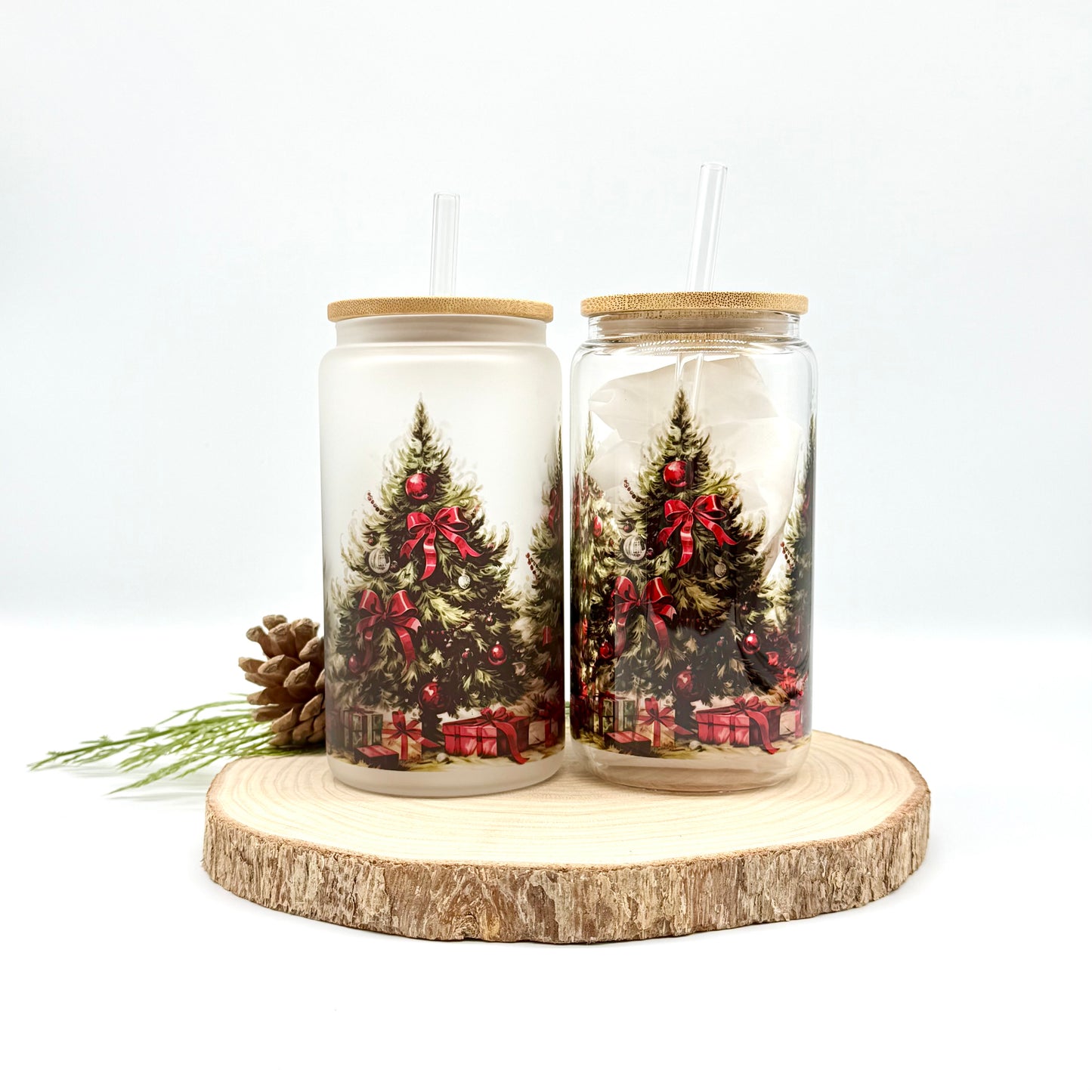 Christmas Tree Glass Tumbler - 16oz Iced Coffee Cup