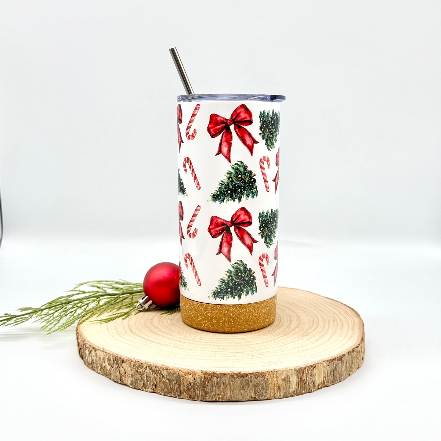Christmas Trees and Bows Tumbler - 17oz Insulated Tumbler with Cork Bottom