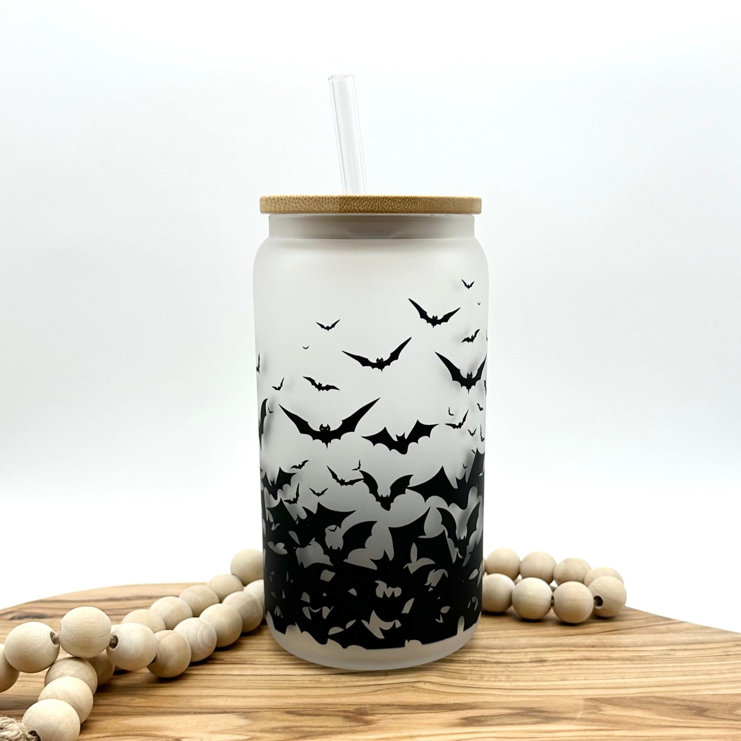Bats Glass Cup with Bamboo Lid and Glass Straw