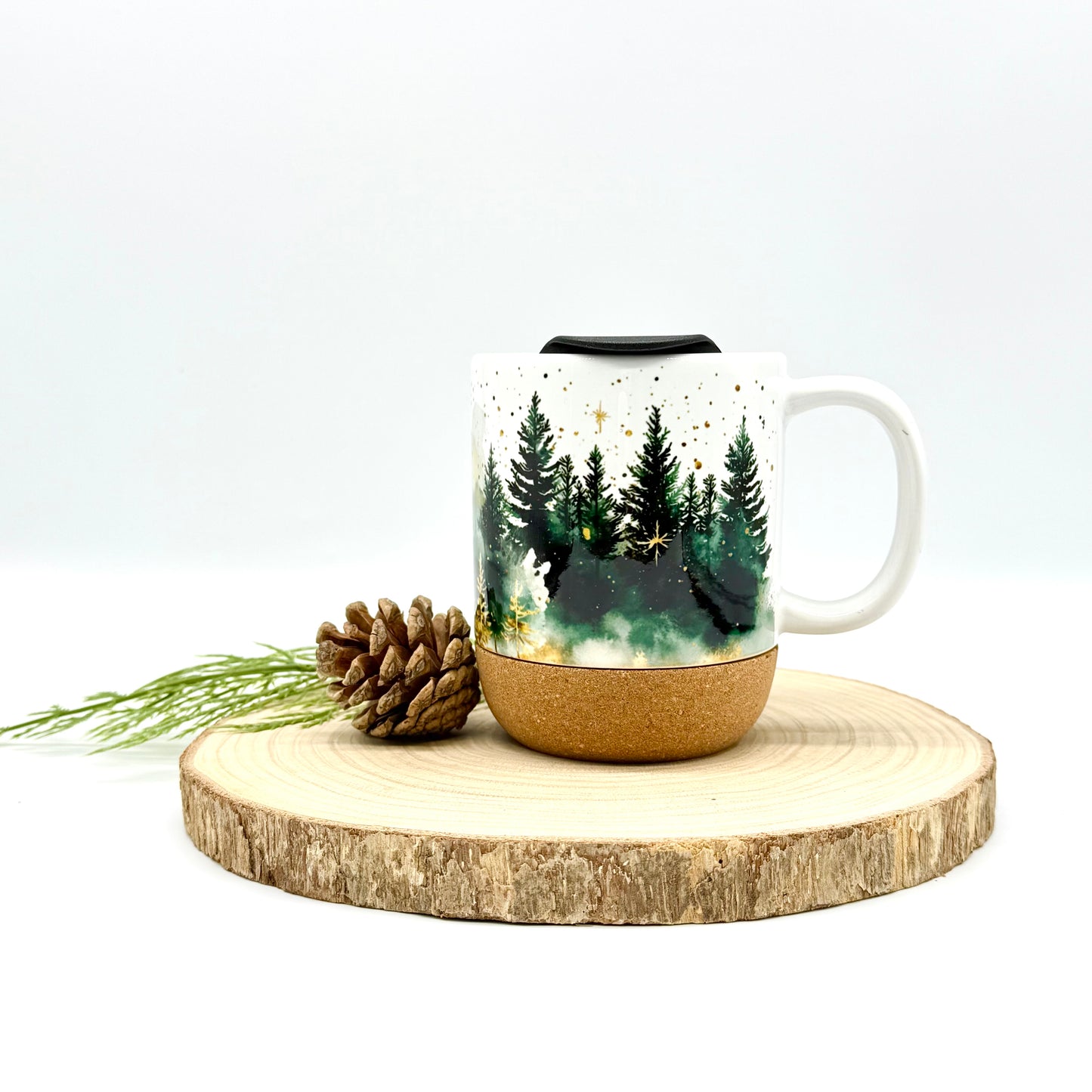 12oz Christmas Forest Coffee Mug with Cork Base and Plastic Lid