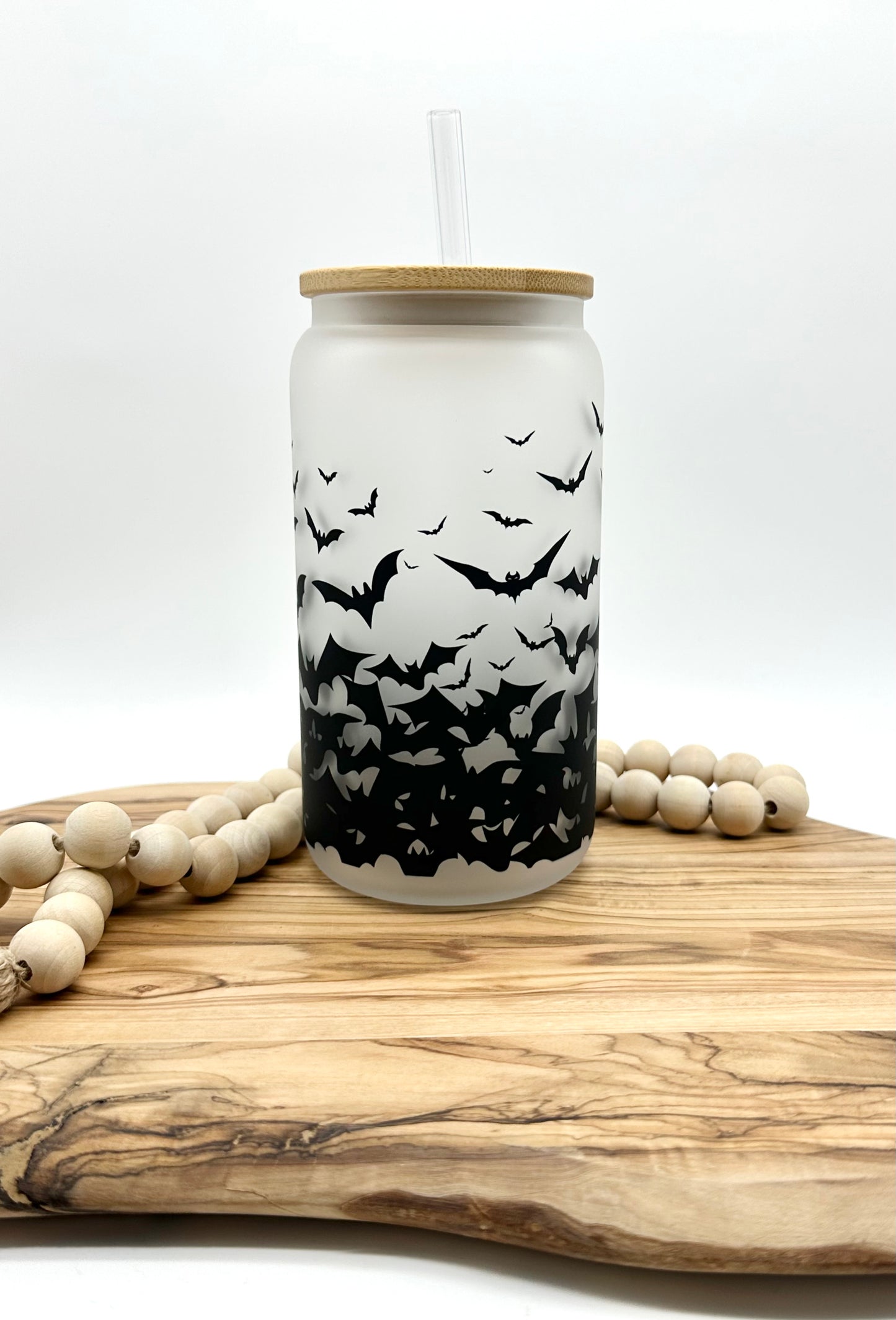 Bats Glass Cup with Bamboo Lid and Glass Straw