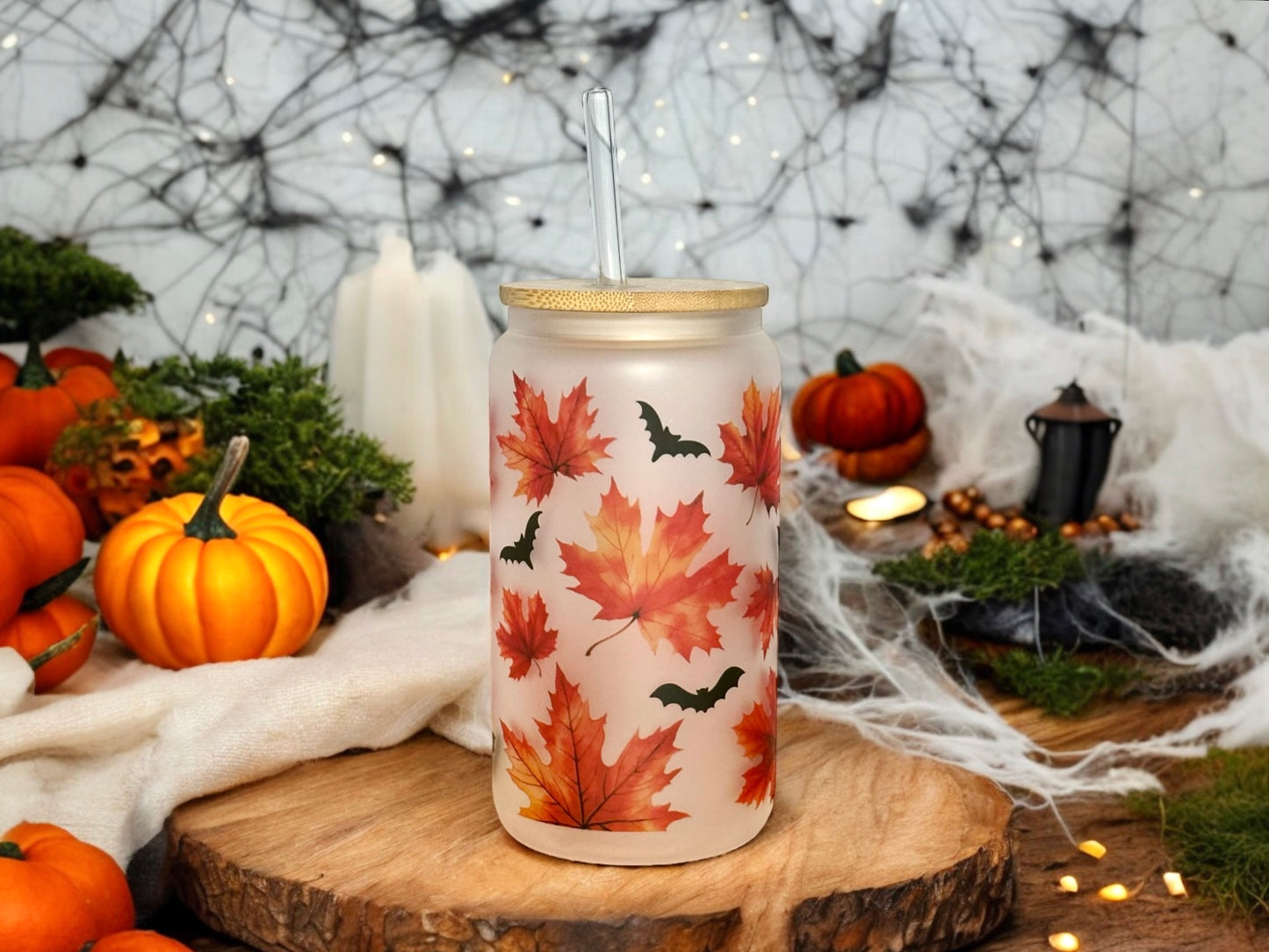 Autumn Leaves Frosted Glass Can with Bamboo Lid and Glass Straw