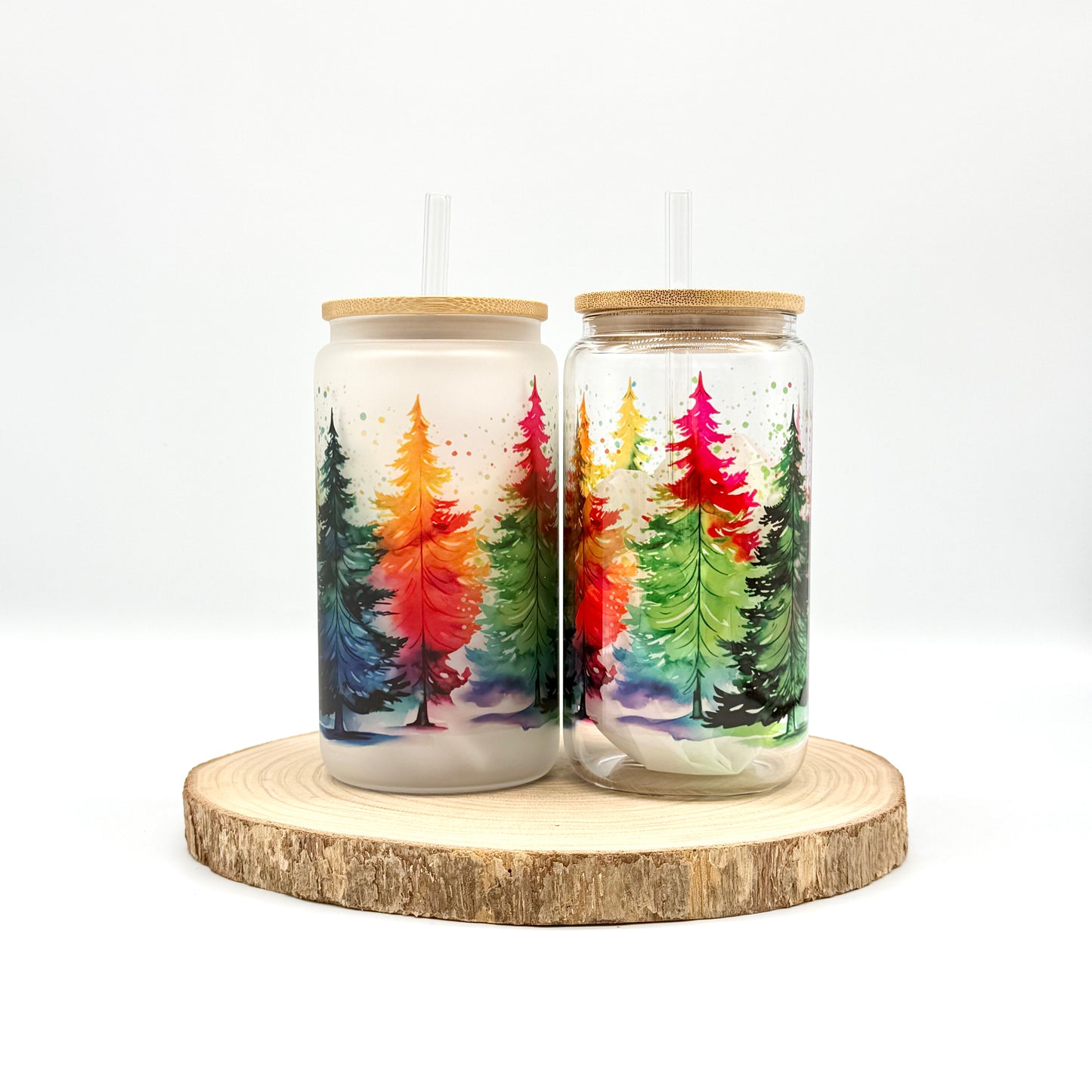 Colorful Christmas Tree Glass Tumbler - 16oz Iced Coffee Cup