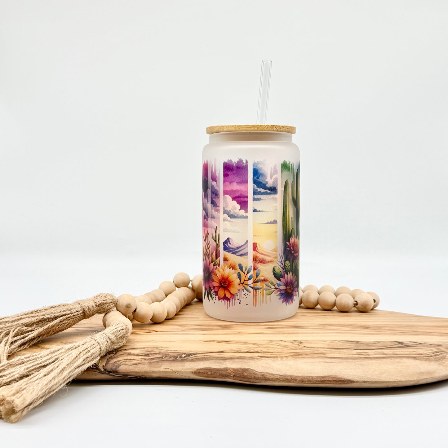 Cactus Iced Coffee Cup- 16oz Frosted Glass Tumbler with Lid and Straw
