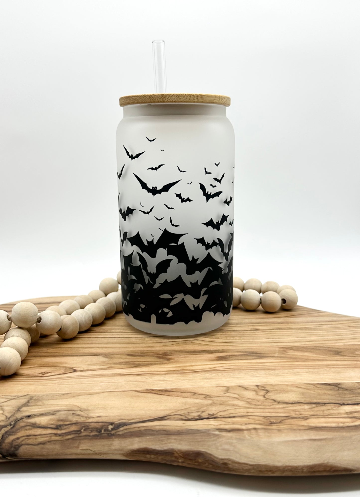 Bats Glass Cup with Bamboo Lid and Glass Straw