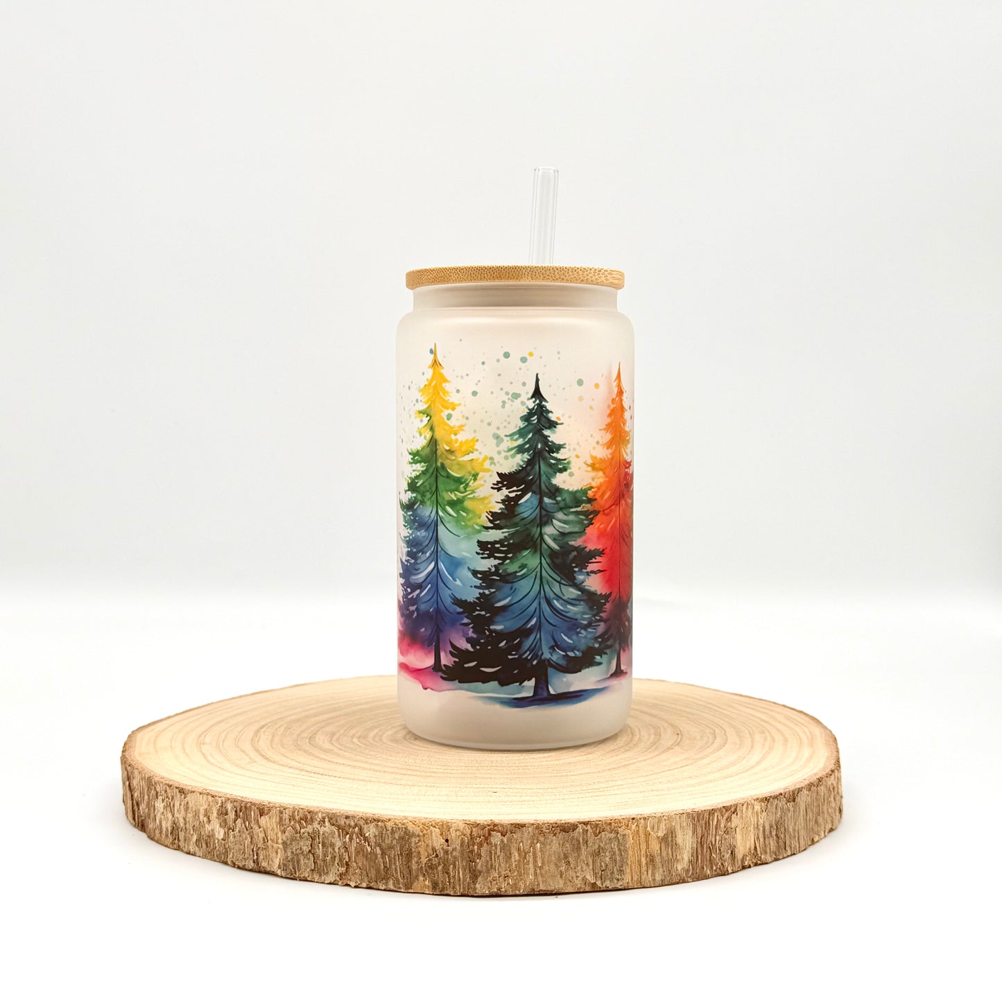 Colorful Christmas Tree Glass Tumbler - 16oz Iced Coffee Cup