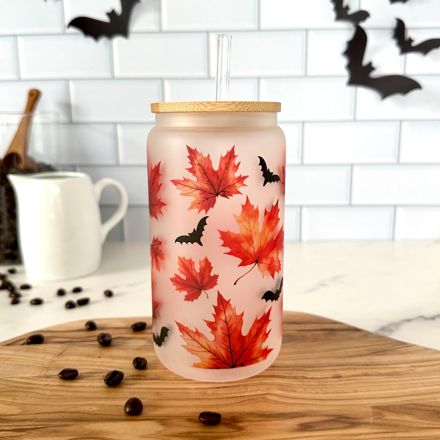 Autumn Leaves Frosted Glass Can with Bamboo Lid and Glass Straw