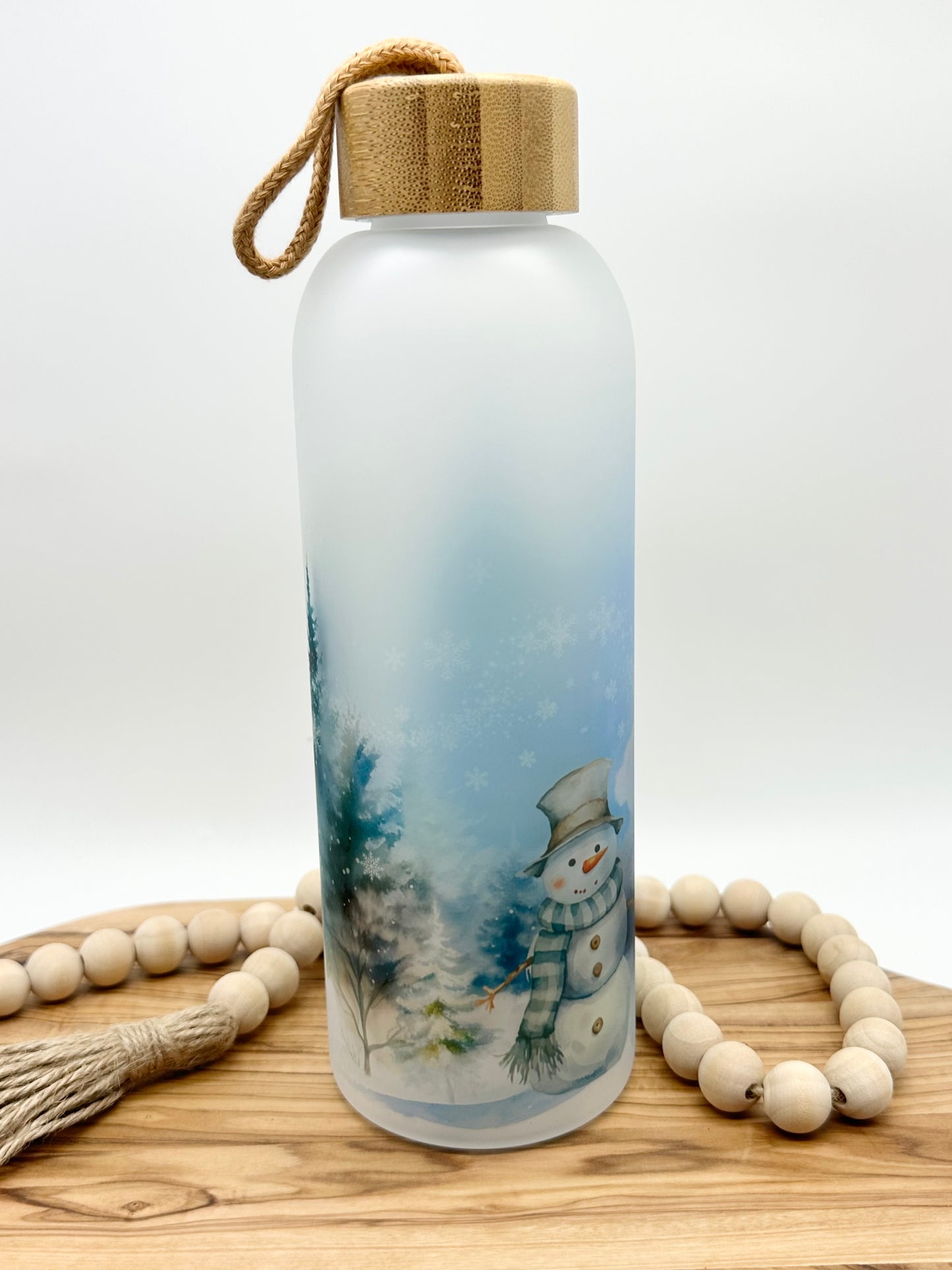Snowman Glass Water Bottle