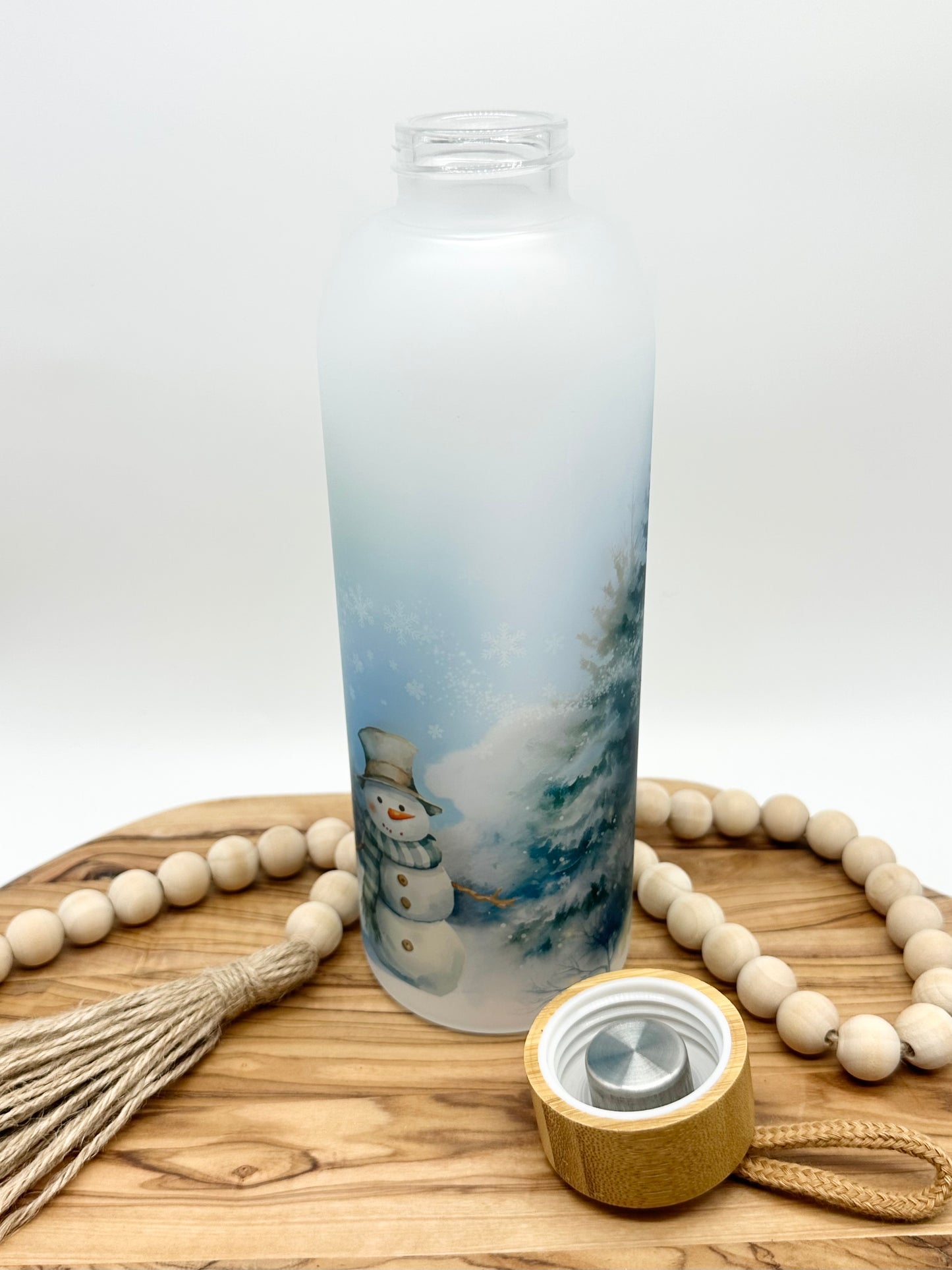 Snowman Glass Water Bottle