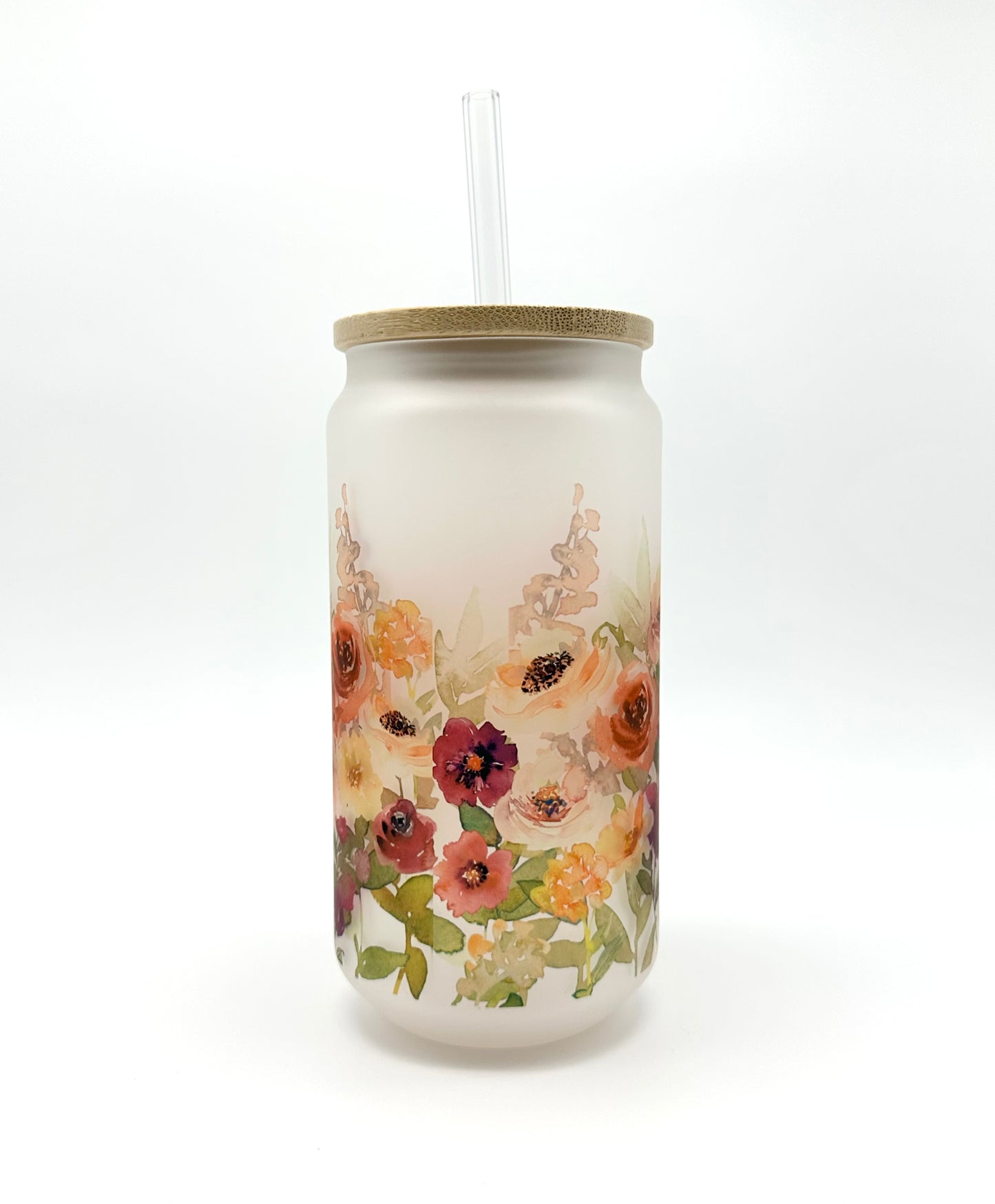 16oz Fall Floral Frosted Glass Can